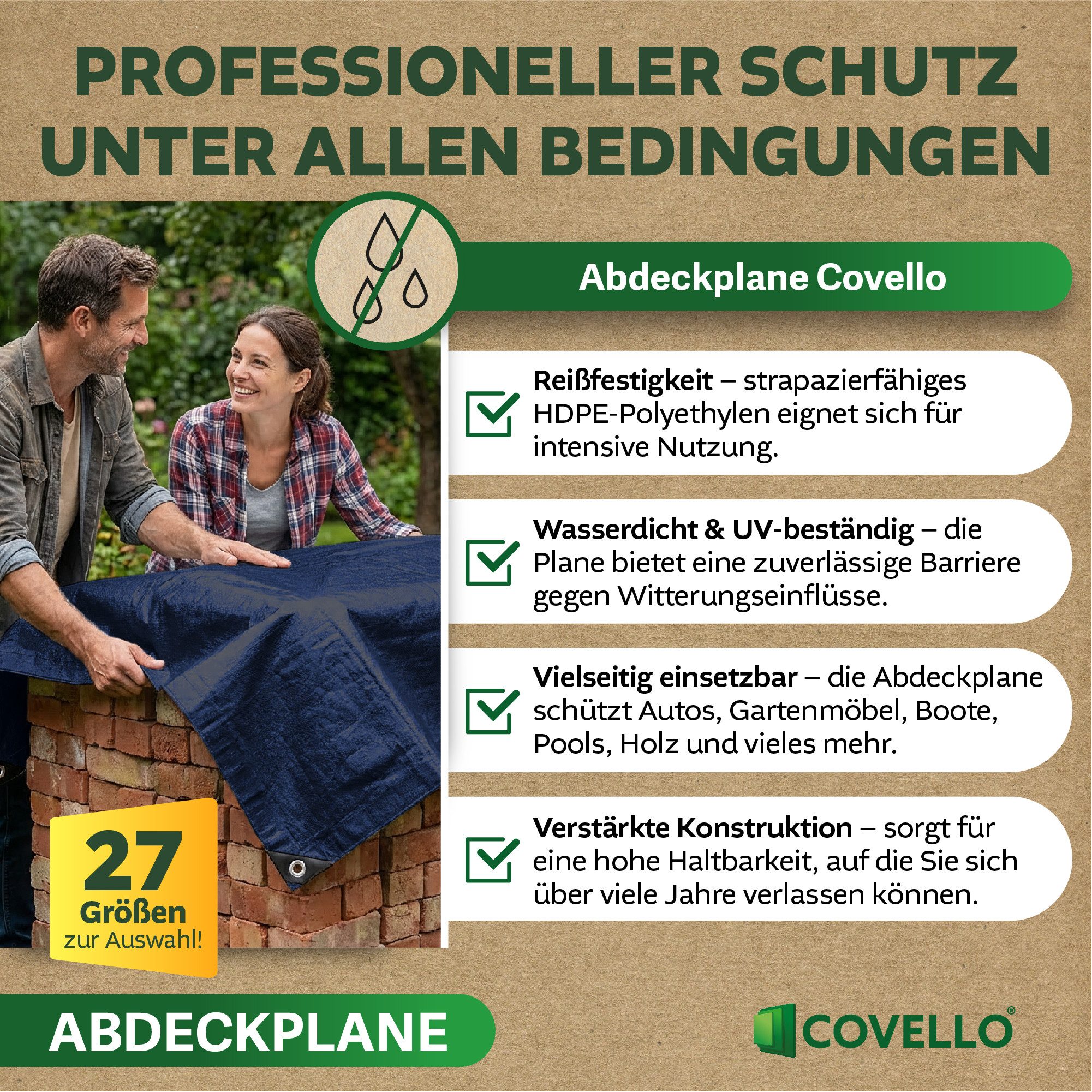 Covello Schutzplane 260g/m² blau, Abdeckplane mit Ösen wasserdicht, Plane UV-stabilisiert in vielen verschiedenen Farben & Größen