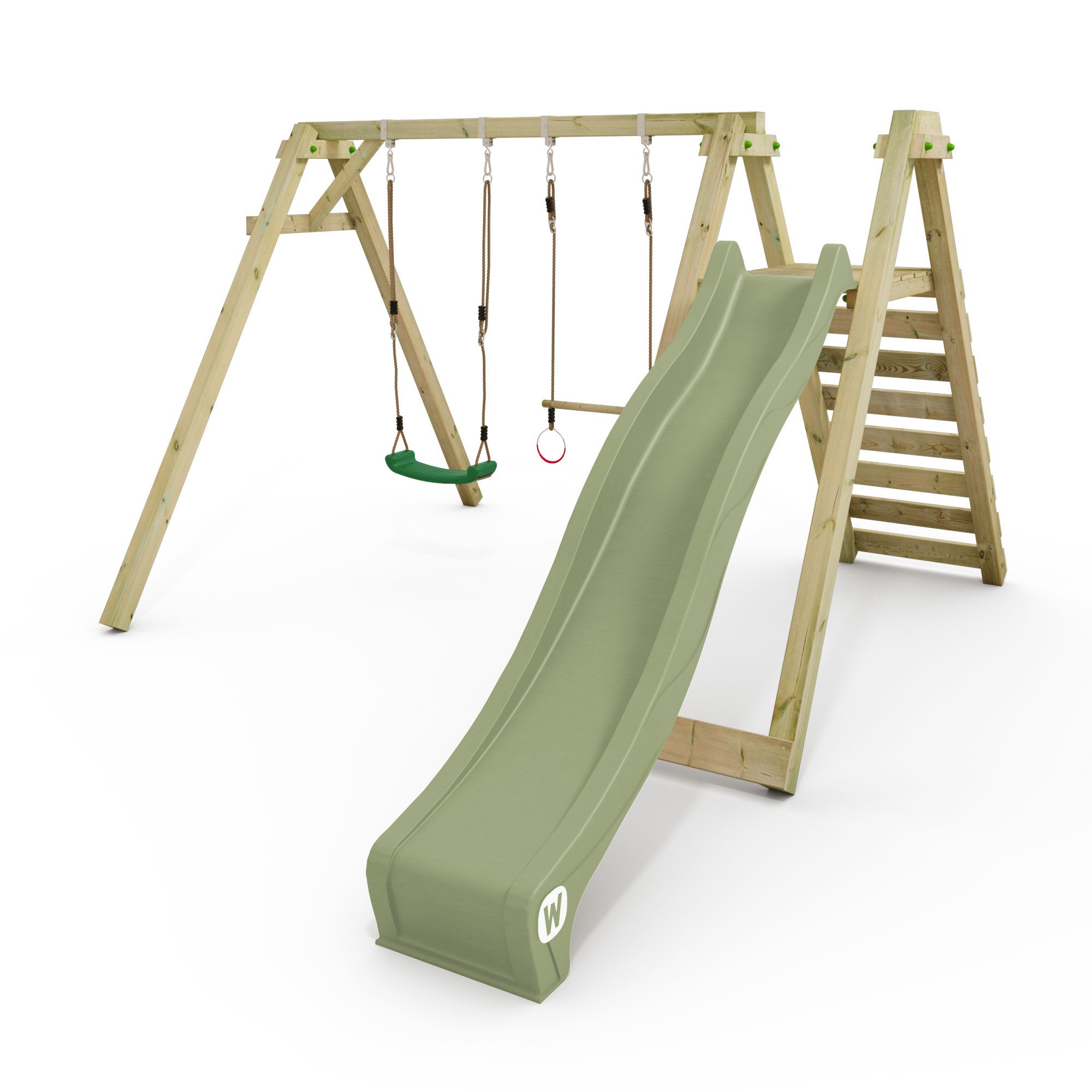 Wickey Doppelschaukel Smart Swift – Gartenschaukel mit extralanger Rutsche & Turnzubehör, (Schaukelgestell - Motoriktraining durch Turnringe, Schaukel & Podest, Kinderschaukel - Erweiterbar für Kinder aller Altersstufen), Massivholz-Spielanlage für Kinder mit 10-Jahre Garantie*