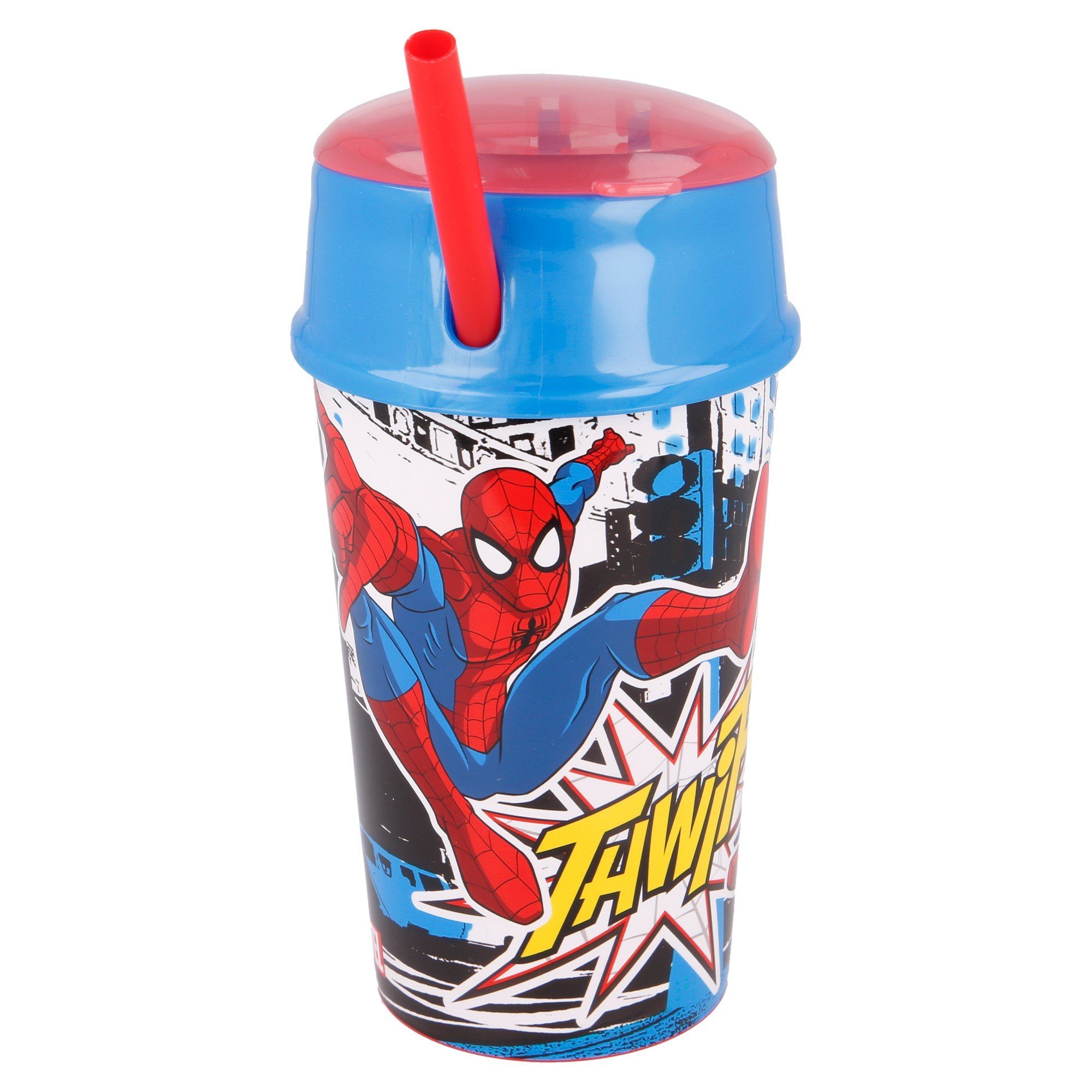 Spiderman Kinderbecher, Kunststoff, 2 in 1 Becher 400 ml mit integriertem Snackfach & Trinkhalm BPA frei