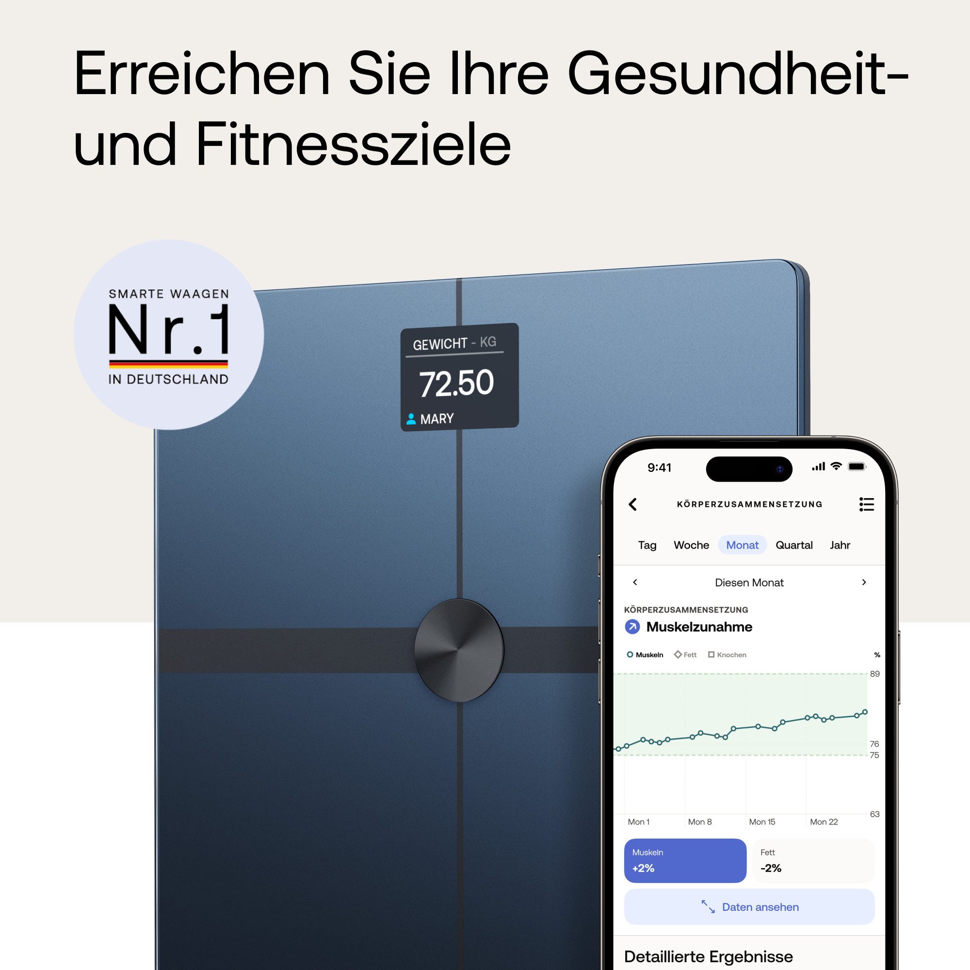 Withings Körper-Analyse-Waage Body Smart, einschließlich Körperfett-/Muskelmasse, automatische Erkennung und Verfolgung von bis zu 8 Benutzern