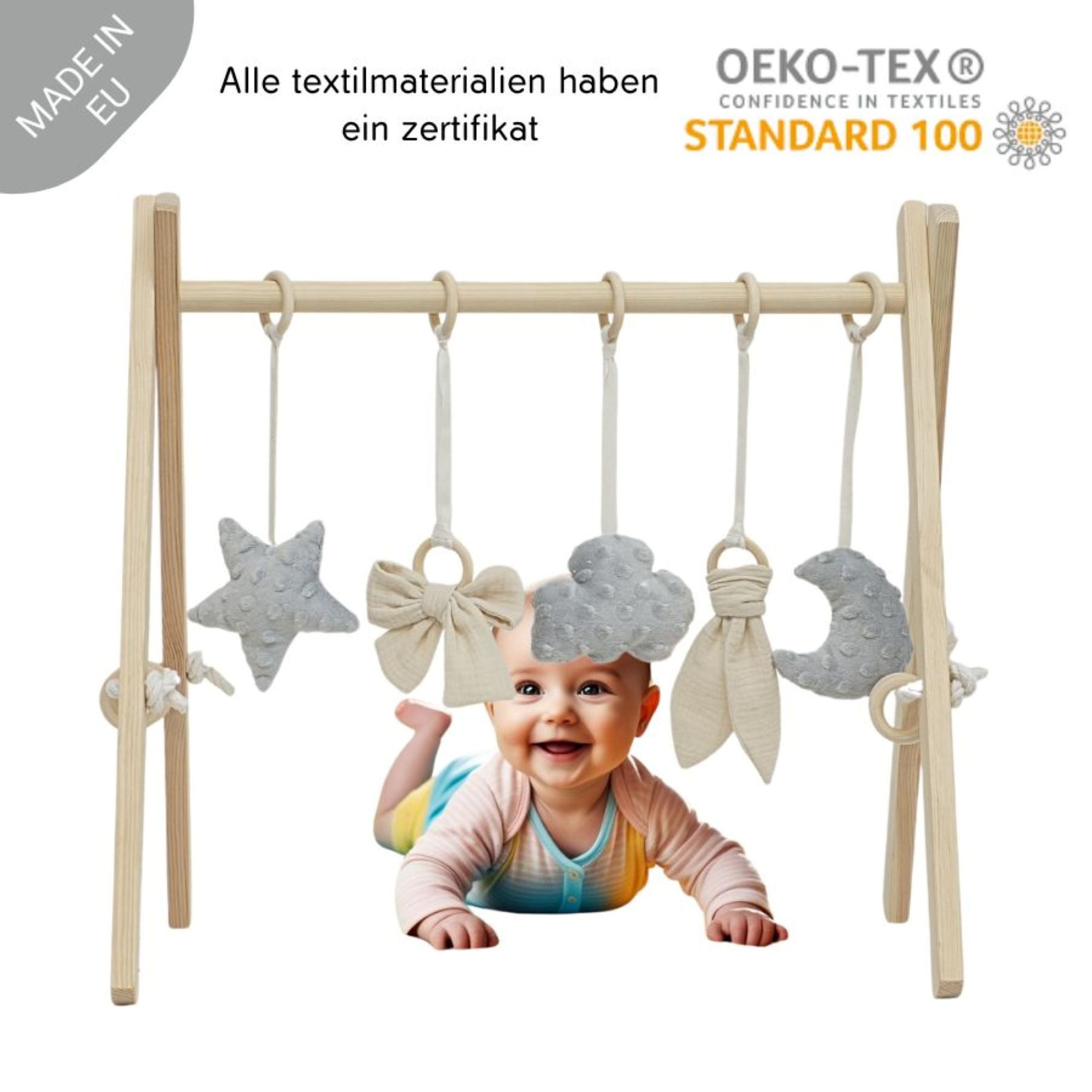 LuMali Baby Gym Holz Spielbogen klappbar 5 Spielzeuge 41x58x49cm Naturholz Kiefer, Spieltrapez Neugeborene sensorisch handgemacht faltbar leicht Geschenk