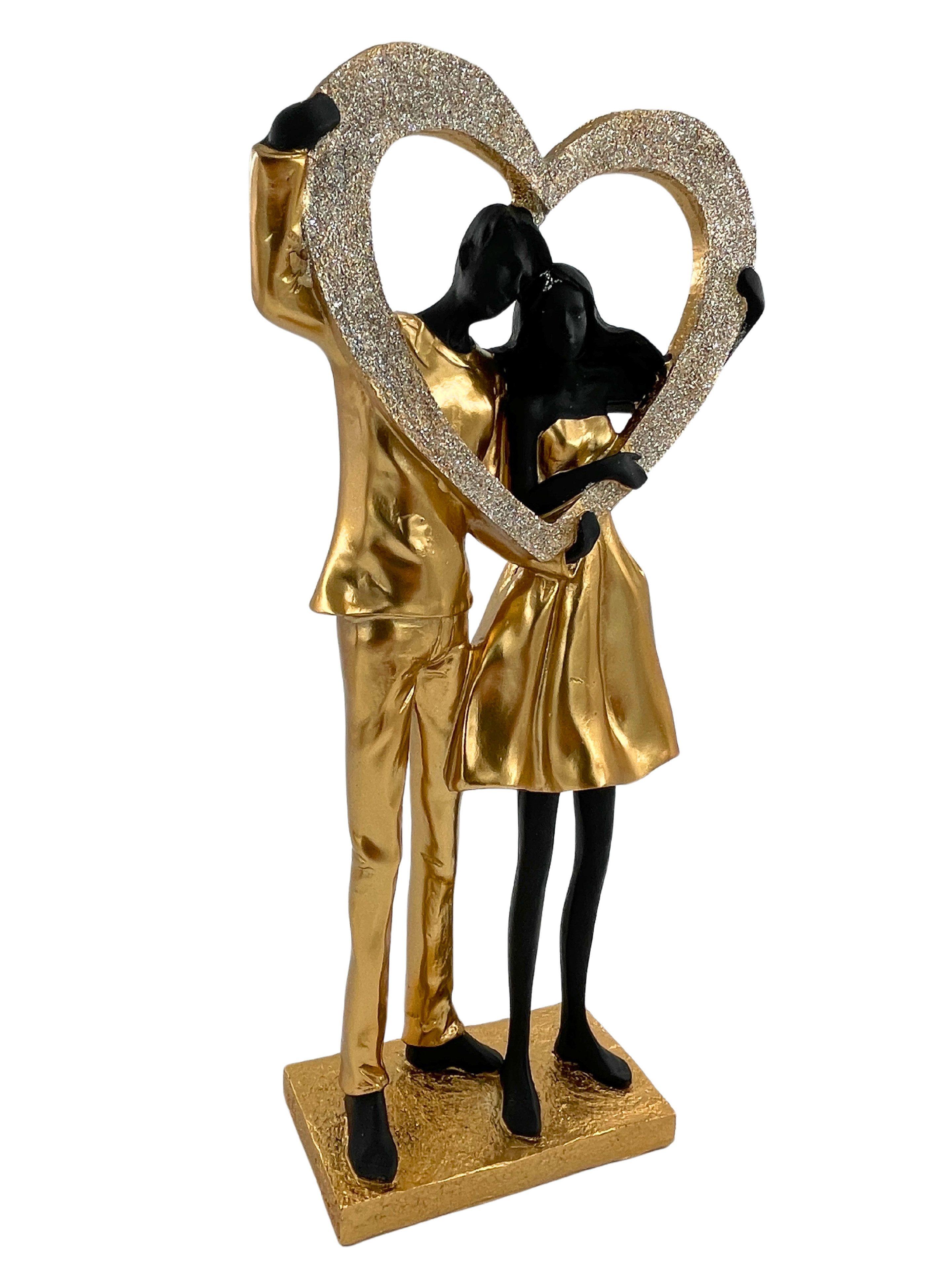 Skulptur Elegante Skulptur eines Paares in Schwarz und Gold mit Herz glänzend