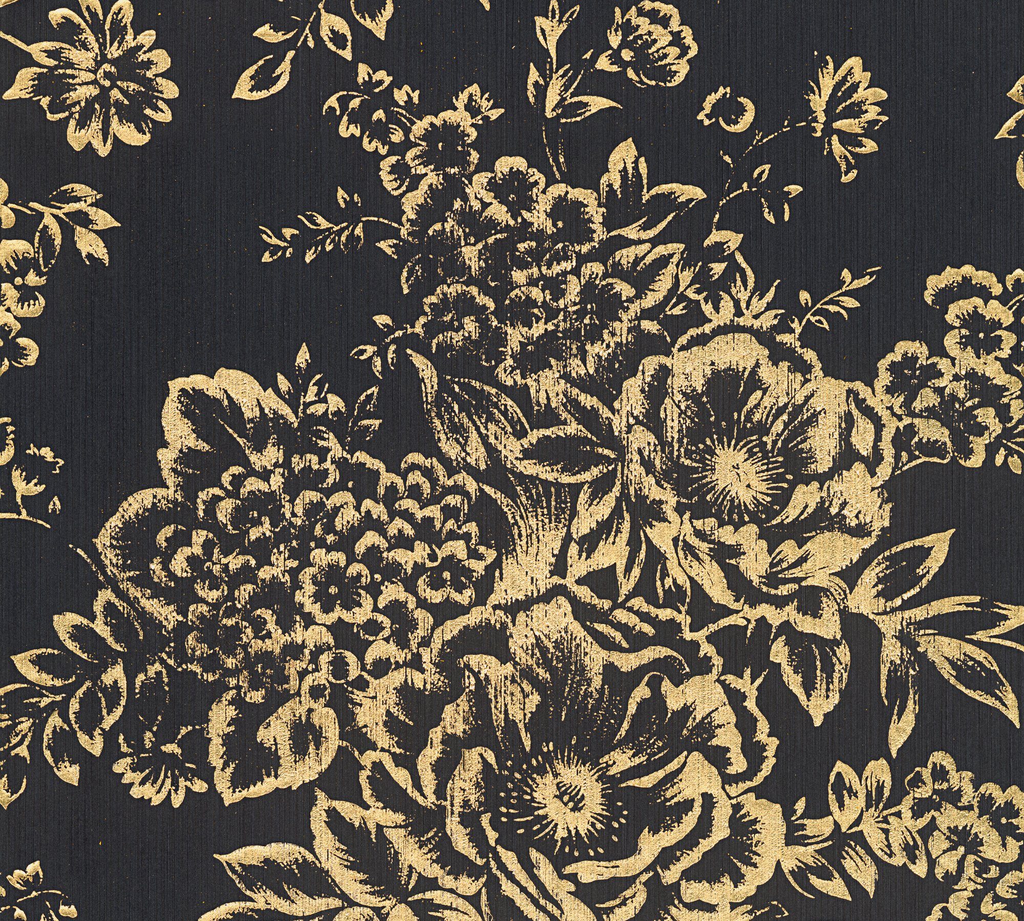 Blumen Textiltapete Création Paper Tapete A.S. matt, samtig, Silk, Architects Barocktapete floral, Metallic gold/schwarz glänzend,