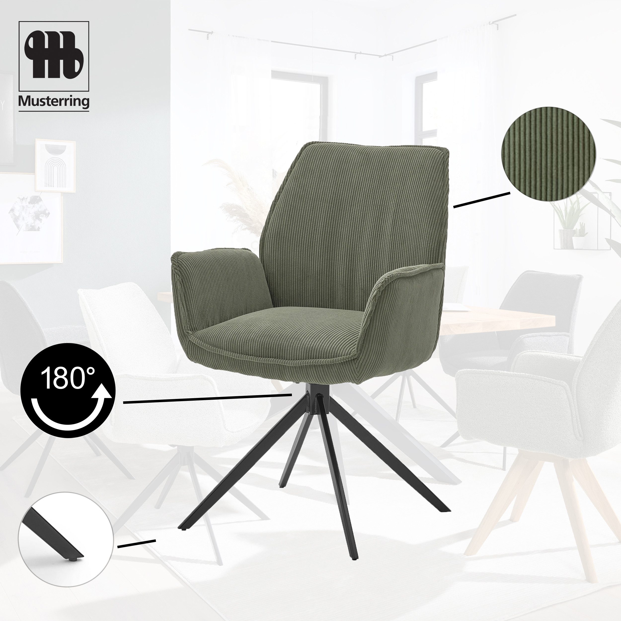 Musterring Esszimmerstuhl Tiama (Set, 2 St), Stativgestell aus Eisen schwarz, 180° drehbar, Stoff Cord oder Bouclé