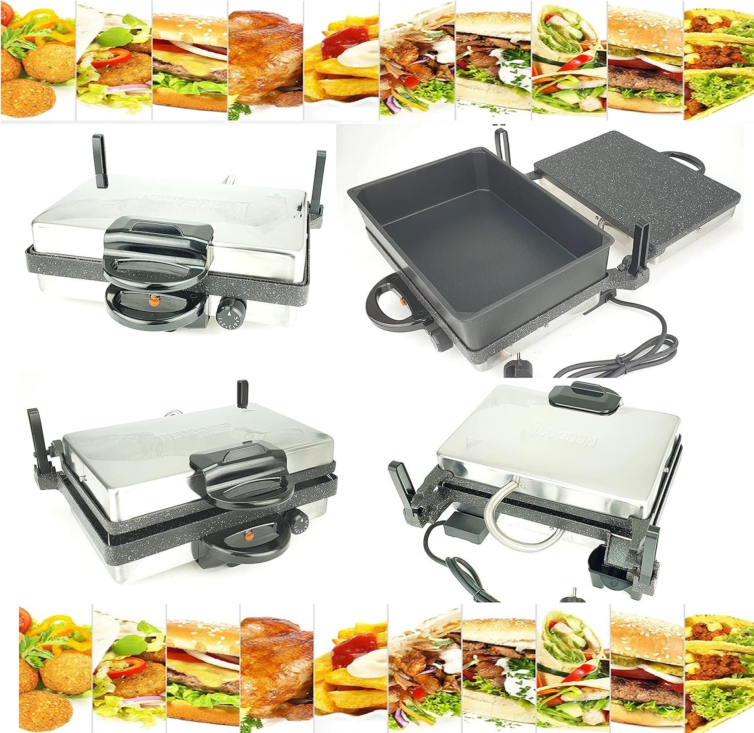 Neudorf Kontaktgrill Granit mit Kasserolle, 2000,00 W, 180° aufklappbar - doppelte Grillfläche; Grillplatte höhenverstellbar