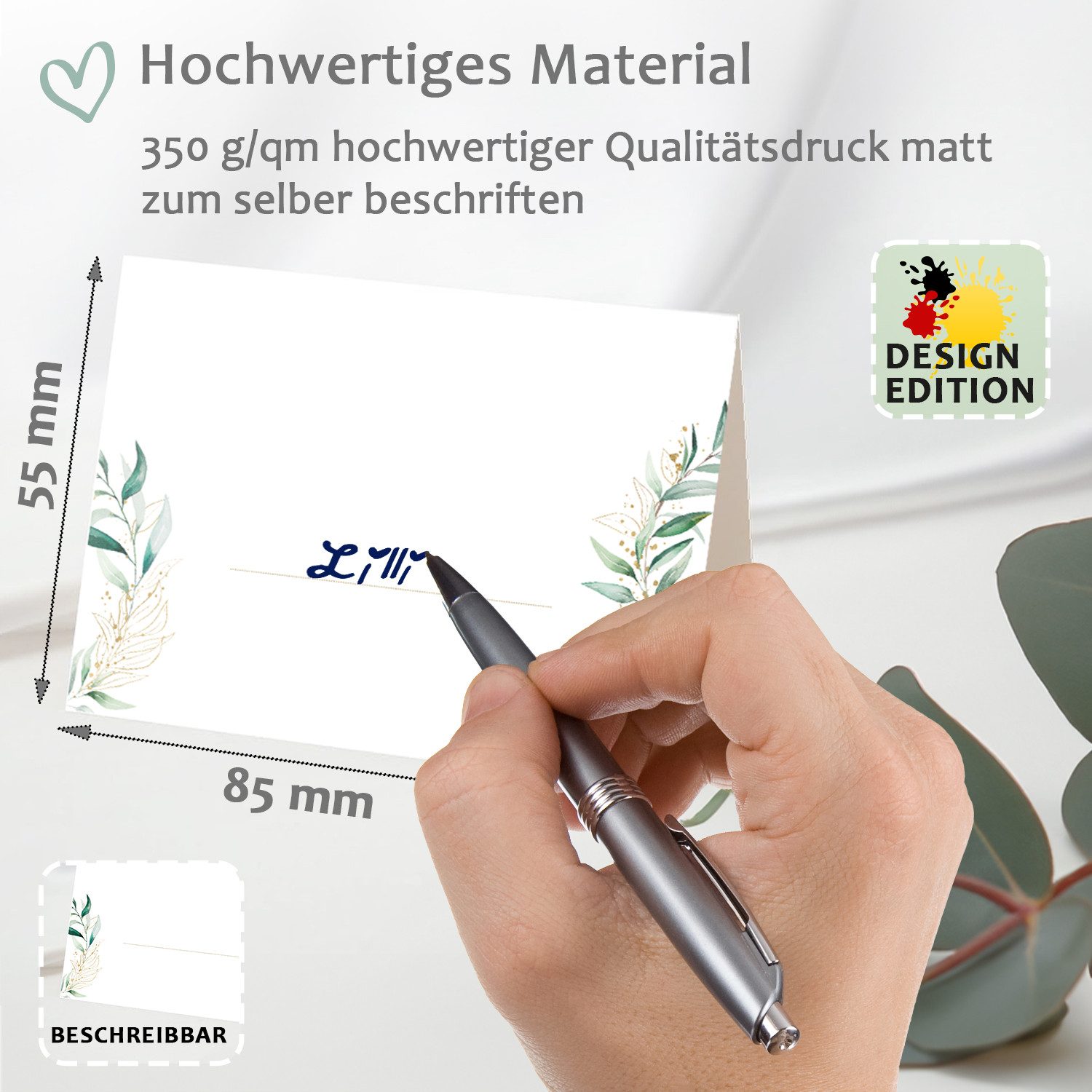 Funke & Brand Grußkarten 50x Namensschilder Hochzeit Floral Glitter Tischkarten