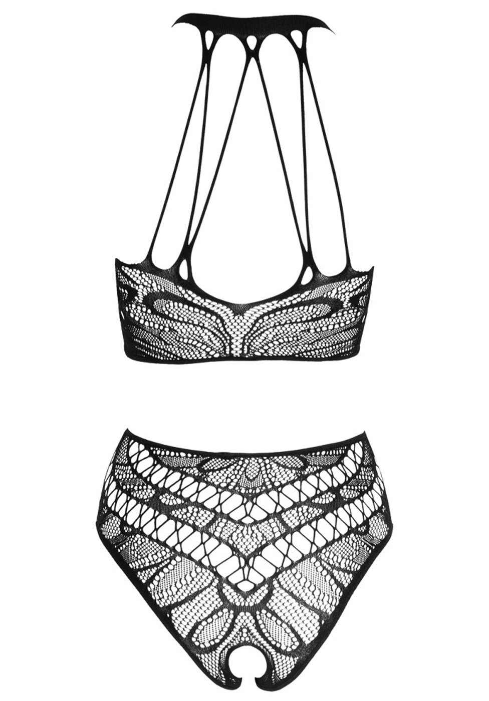 NO:XQSE Set: Bügelloser BH Top und Slip ouvert im Set - schwarz (2-tlg) aus elastischem Netz-Stoff