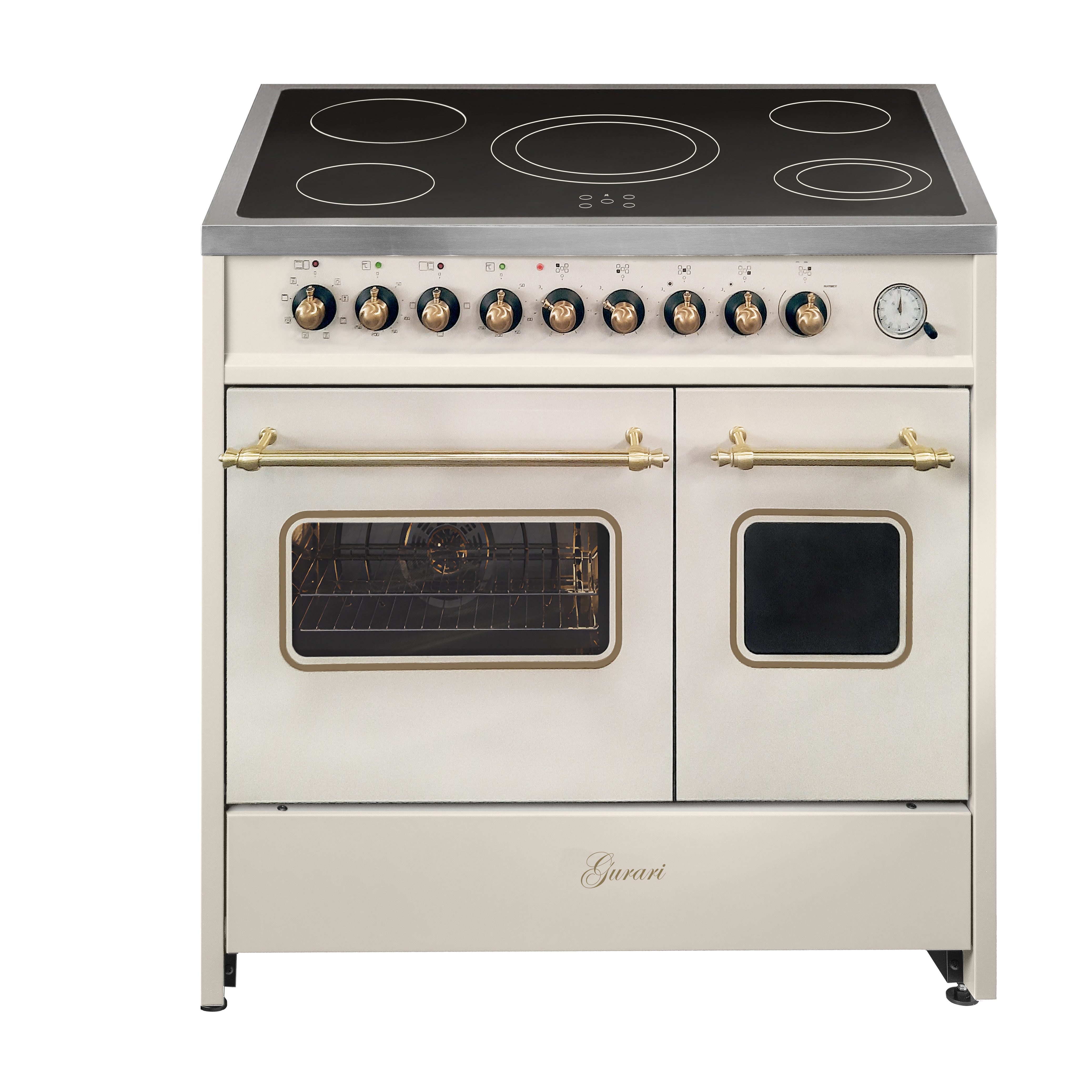 GURARI Elektro-Standherd Glaskeramik Herd 90 cm Creme Range Cooker Elektro Doppelbackofen+Dunstabzugshaube 90cm GCH E 912 DF Cr r+GCH C 046 BG 9.., mit 1-fach-Teleskopauszug