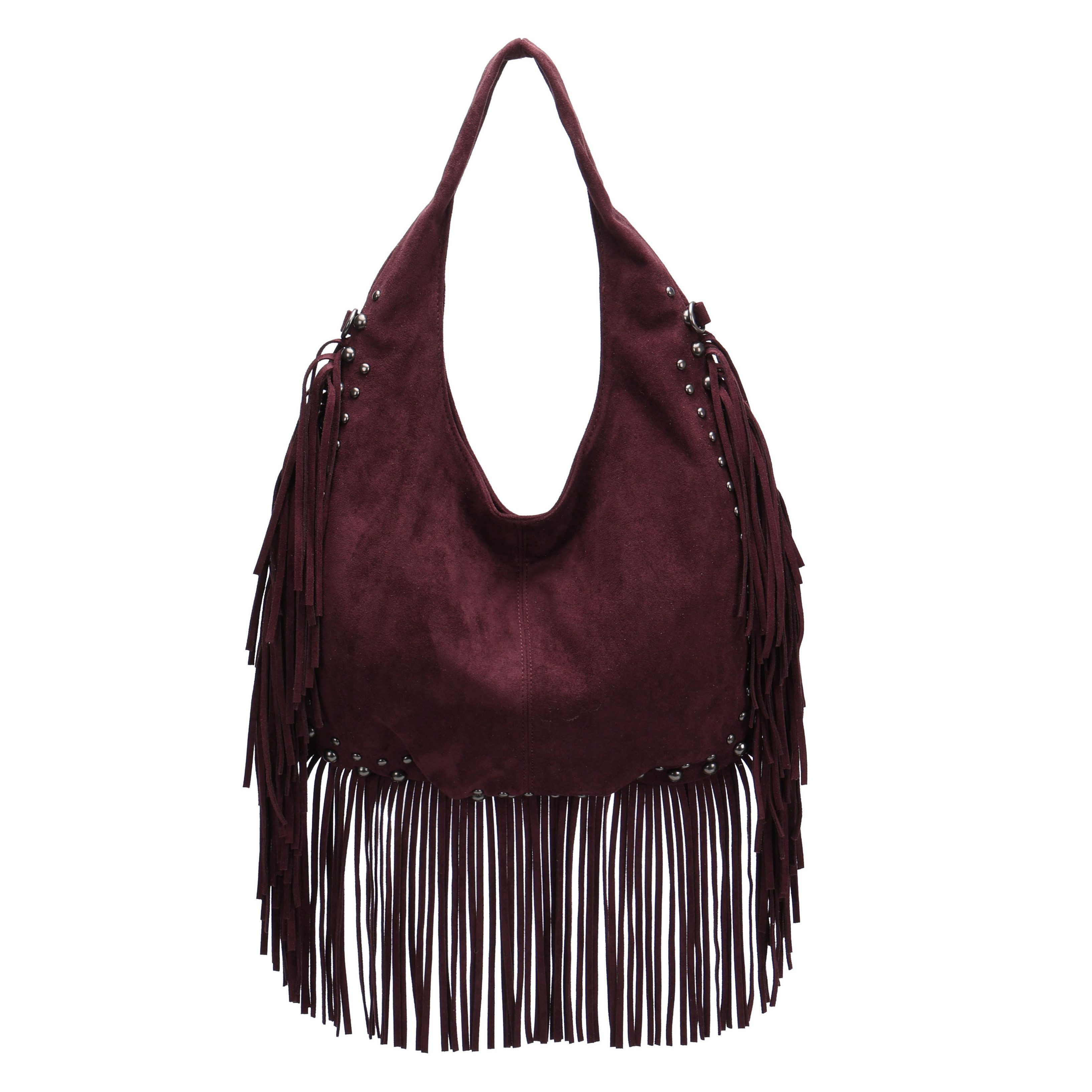 MIRROSI Shopper Damen Fransen Schultertasche Wildleder-Optik aus Polyester (Neue Kollektion Herbst/Winter 2026, ca. 41 x 5 x 37 cm), Boho Tasche mit Fransen, Nieten & langem Riemen