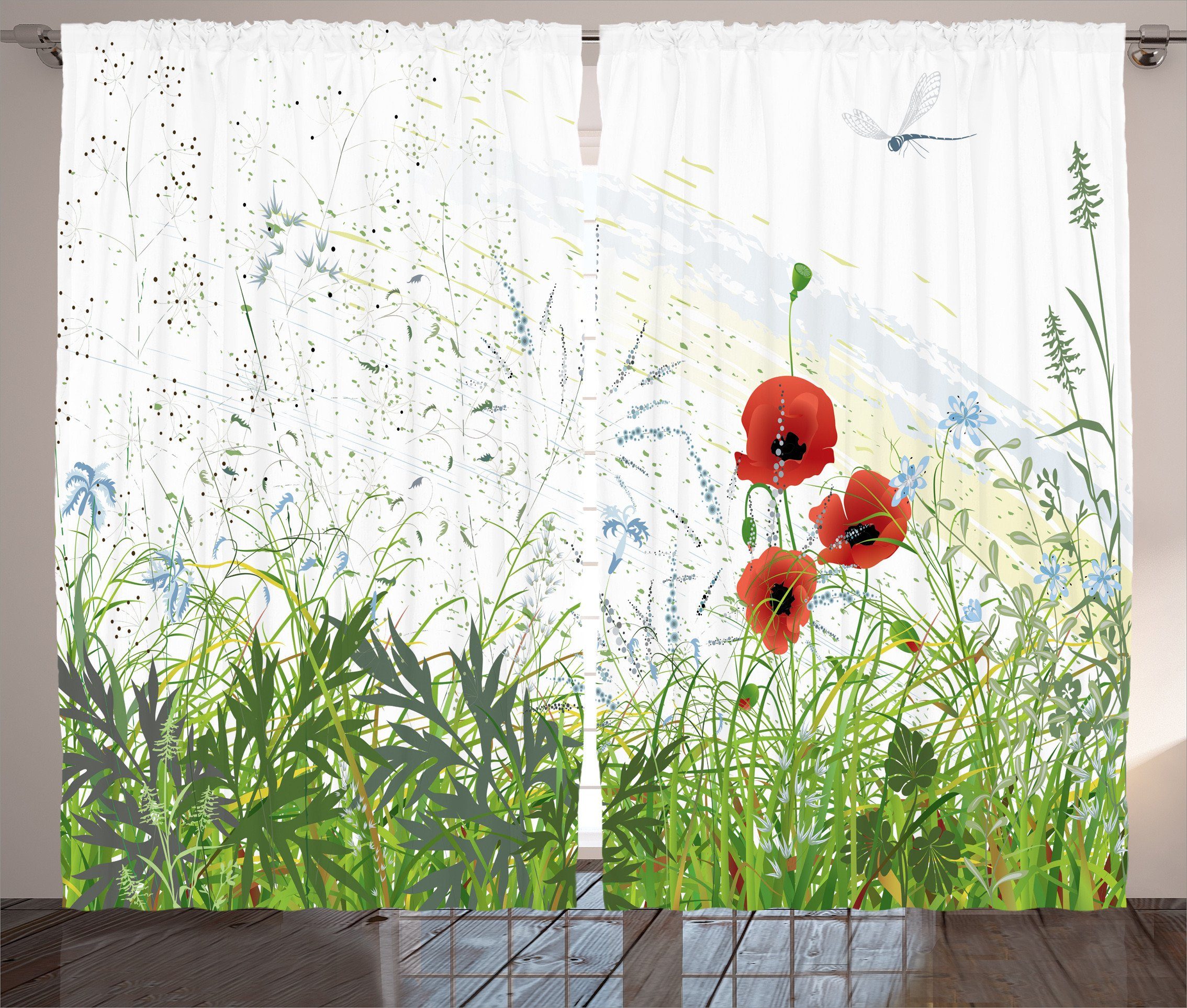 Gardine Schlafzimmer Kräuselband Vorhang mit Schlaufen und Haken, Abakuhaus, Blumen Rote Mohnblumen-Libelle