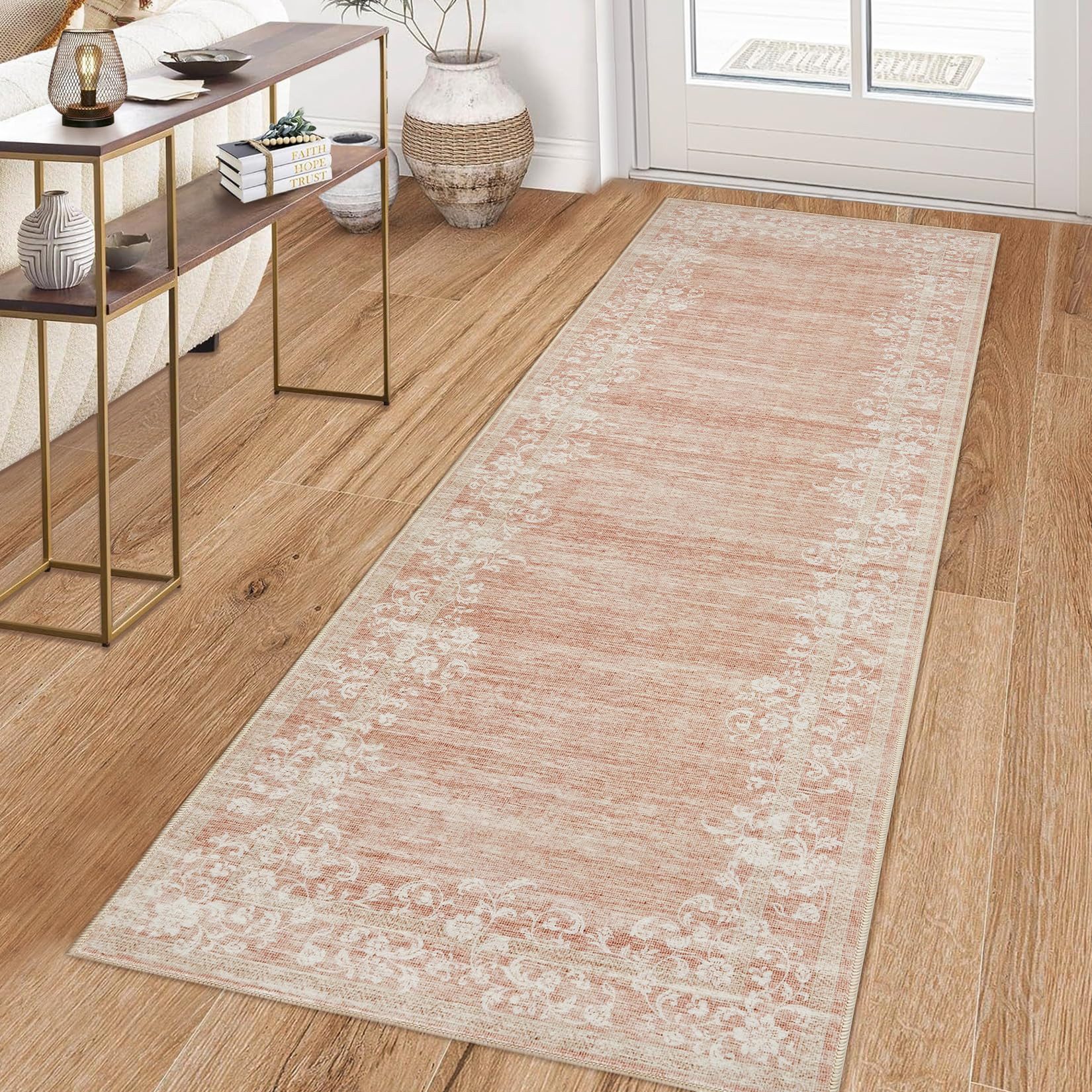 GarveeMore Veloursteppich Waschbarer Vintage Teppich Designteppich Läufer mit floraler Bordüre, Moderner Kurzflor, rutschfest, pflegeleicht & schmutzabweisend