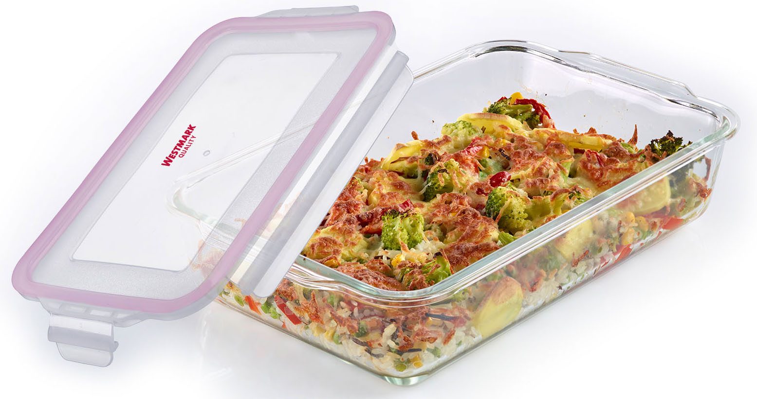 WESTMARK Auflaufform Glas-Auflaufform, Füllvolumen 2.200 ml, Borosilikatglas, (1-St), luftdicht verschließbar, mikrowellen- und ofenfest (ohne Deckel)