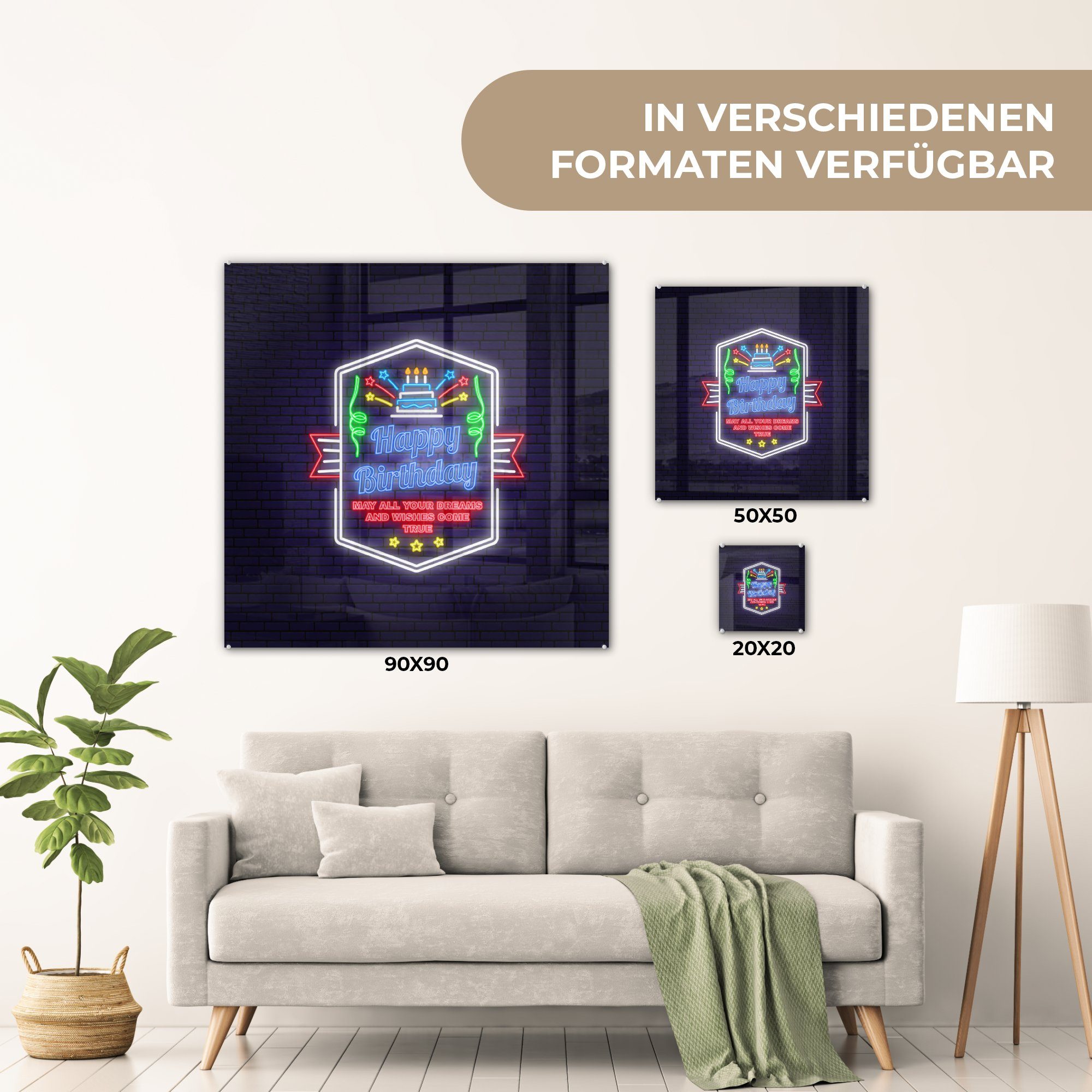 - - - (1 - Bilder Geburtstag, Foto - zum Neon Glas Wandbild Acrylglasbild Glas St), MuchoWow Wanddekoration Glasbilder Alles Geburtstag auf Gute auf