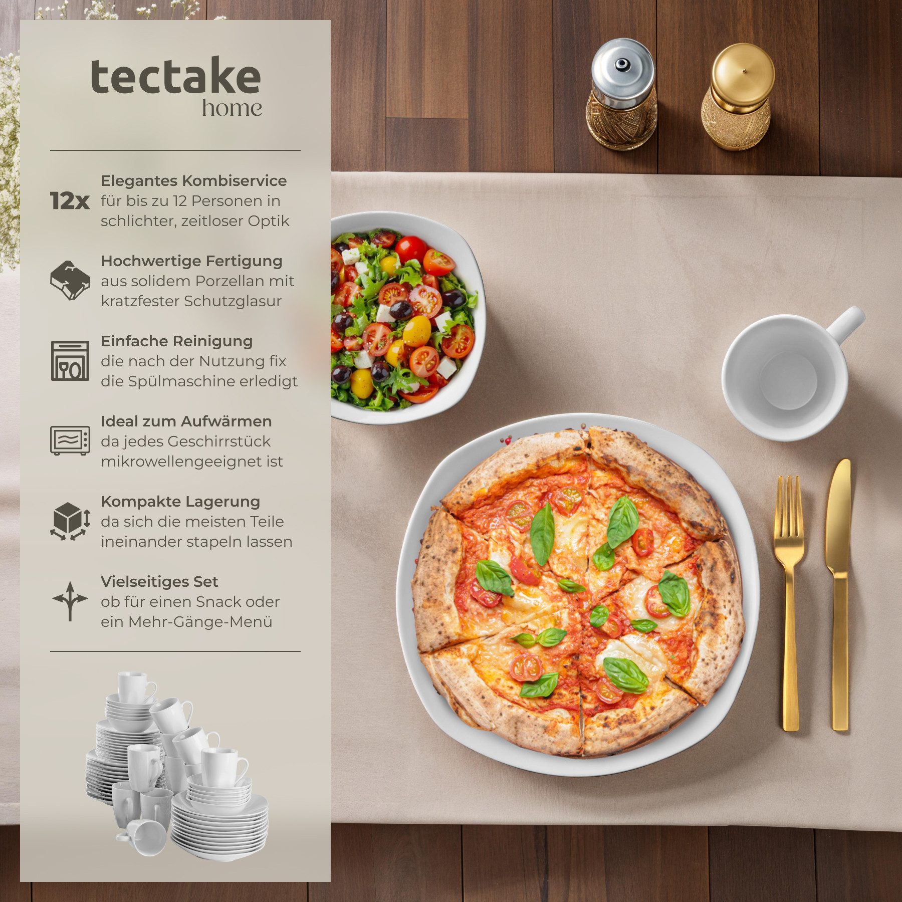 tectake Geschirr-Set Tafelservice 100-teilig für 12 Personen, ineinander stapelbar (100-tlg), 12 Personen, Porzellan, aus Porzellan, mit Glasur, spülmaschinen-  – Bild 2 von 5