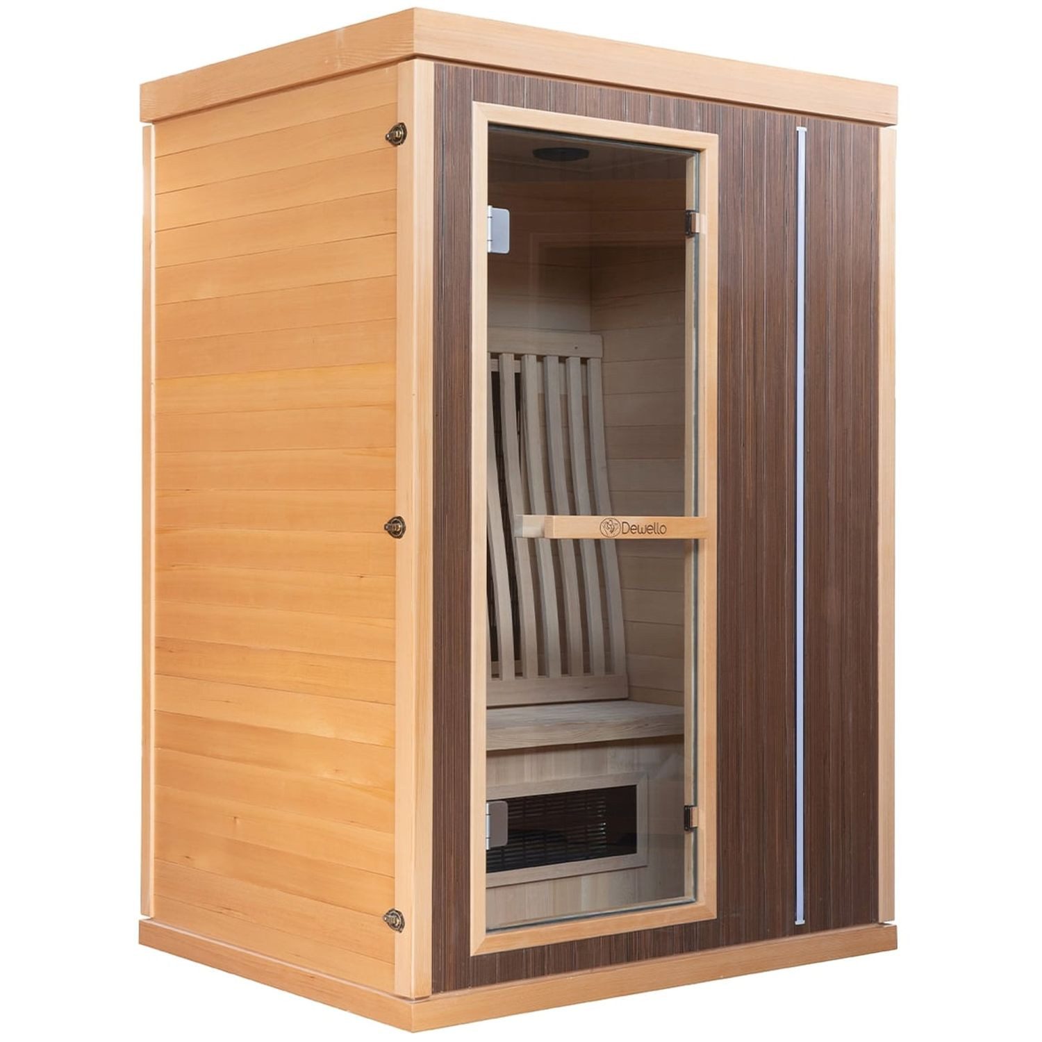 Dewello Infrarotkabine MELVILLE 130 Wärmekabine,für bis zu 2 Personen, 5 Vollspektrumstrahler, BxTxH: 105 x 105 x 190 cm, (LED-Farblichttherapie Ionisator mit Ozondesinfektion und Aromatherapie, inkl. Ionisator mit Ozondesinfektion und Aromatherapie, Bluetooth & FM) Walnuss-Front mit LED Streifen