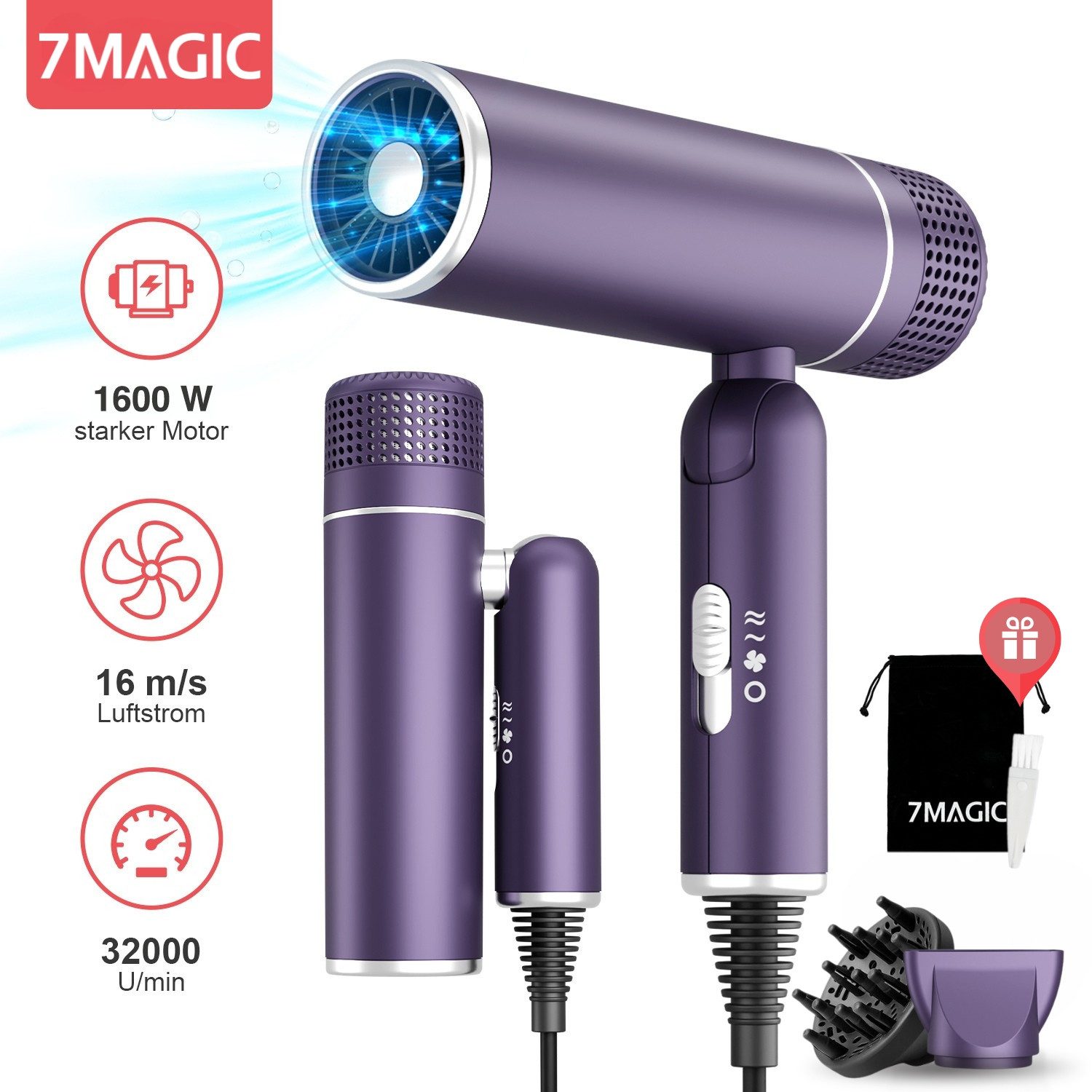 MCURO Ionic-Haartrockner Kompakter Ionen Föhn mit Tasche, 1600 W, Konzentrator Düse & Diffusor-Option, Haartrockner leicht & kompakt, für Reise, Fitness oder Büro