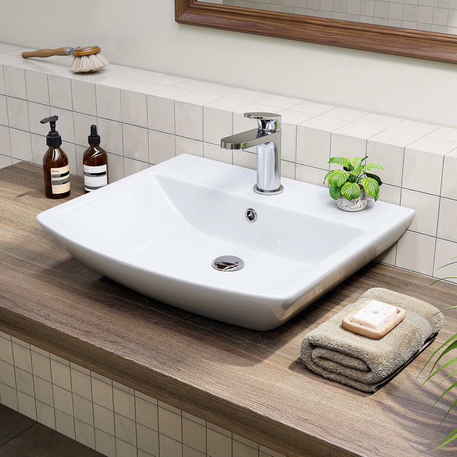 HOROW Waschbecken Waschtisch Handwaschbecken Klein Keramik (Waschbecken 1 Hahnloch mit Überlauf für Badezimmer und Gäste-WC, 48 x 42 x 13 cm)