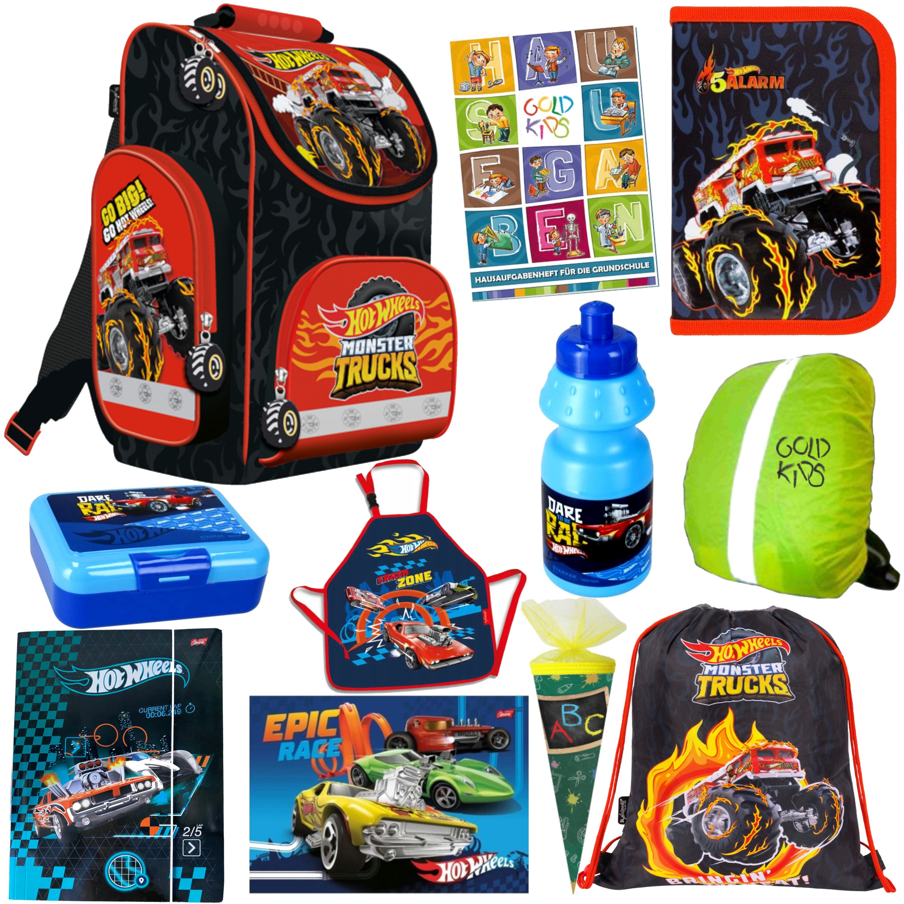 GOLDKIDS Ранцы für Jungen und Mädchen, 11er-Set - (Schul-Rucksack für Kinder mit Federmäppchen, 1-tlg., - Turnbeutel Lunch-Set und Hausaufgabenheft), - Hot Wheels Motiv - 1-3