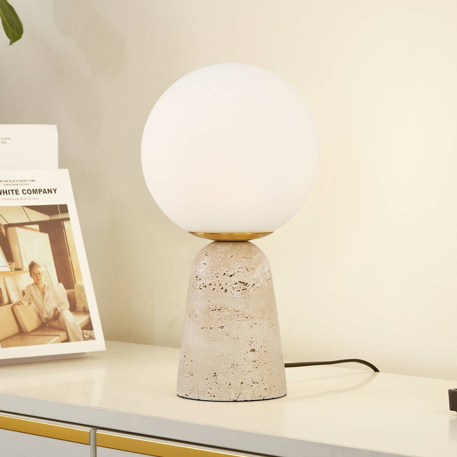 Lindby Tischleuchte Kirstan, Stein Weiß IP20, 1 x 15 W LED