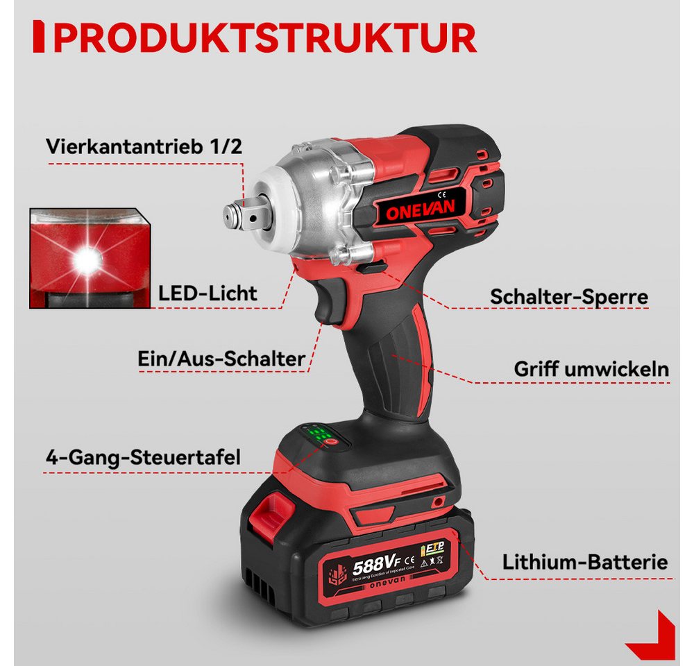Thumbnail - ONEVAN Elektrowerkzeug-Set Akku-Schlagschrauber Akku-Bohrschrauber, mit 2 x Akkus, 2-tlg., 520 Nm Bürstenloser 1/2" elek...