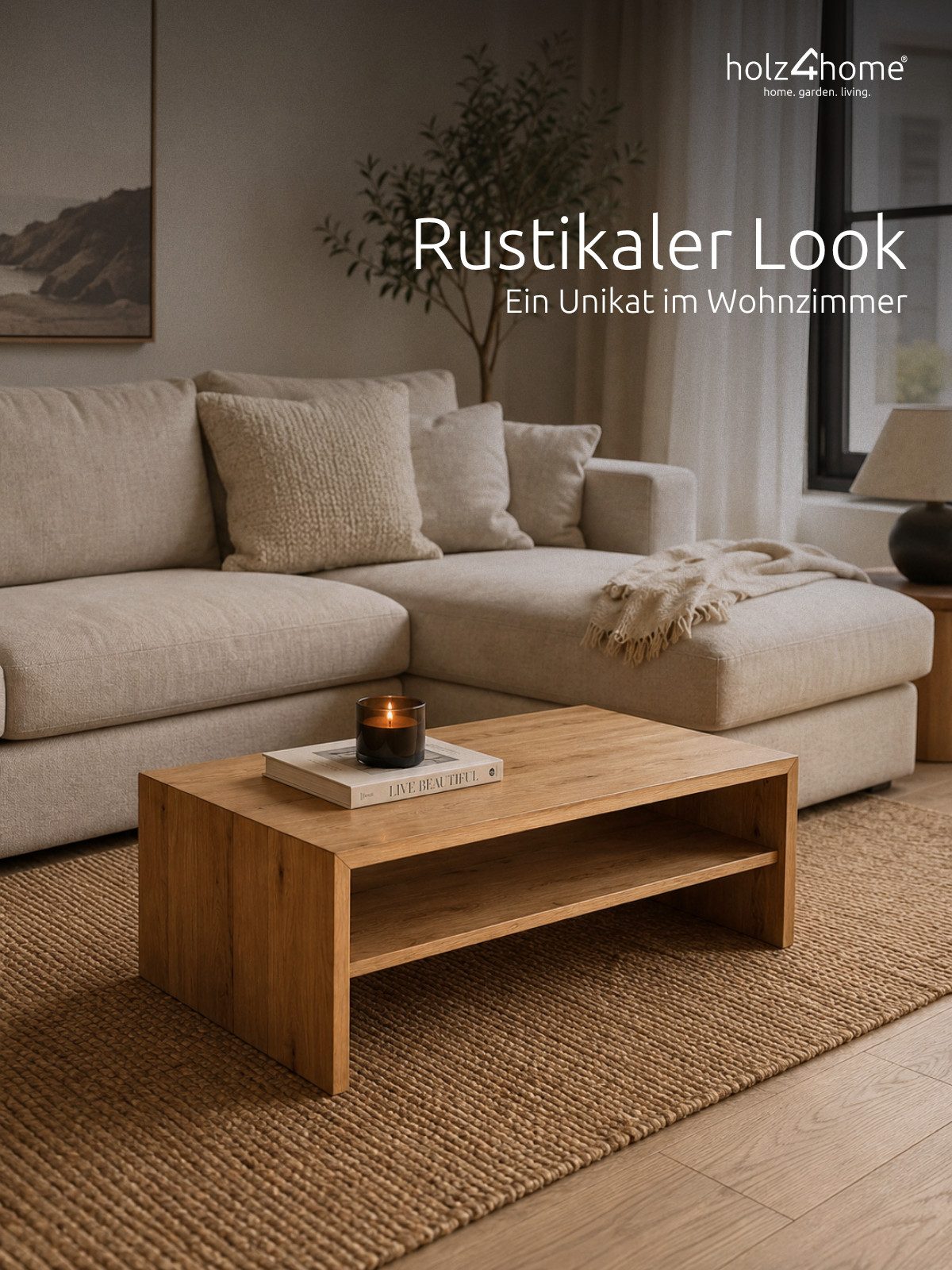 holz4home® Couchtisch Kaffeetisch aus 100% Massivholz Eiche I Beistelltisch aus Echtholz, 100% Massivholz Eiche, Zwei Ablagen