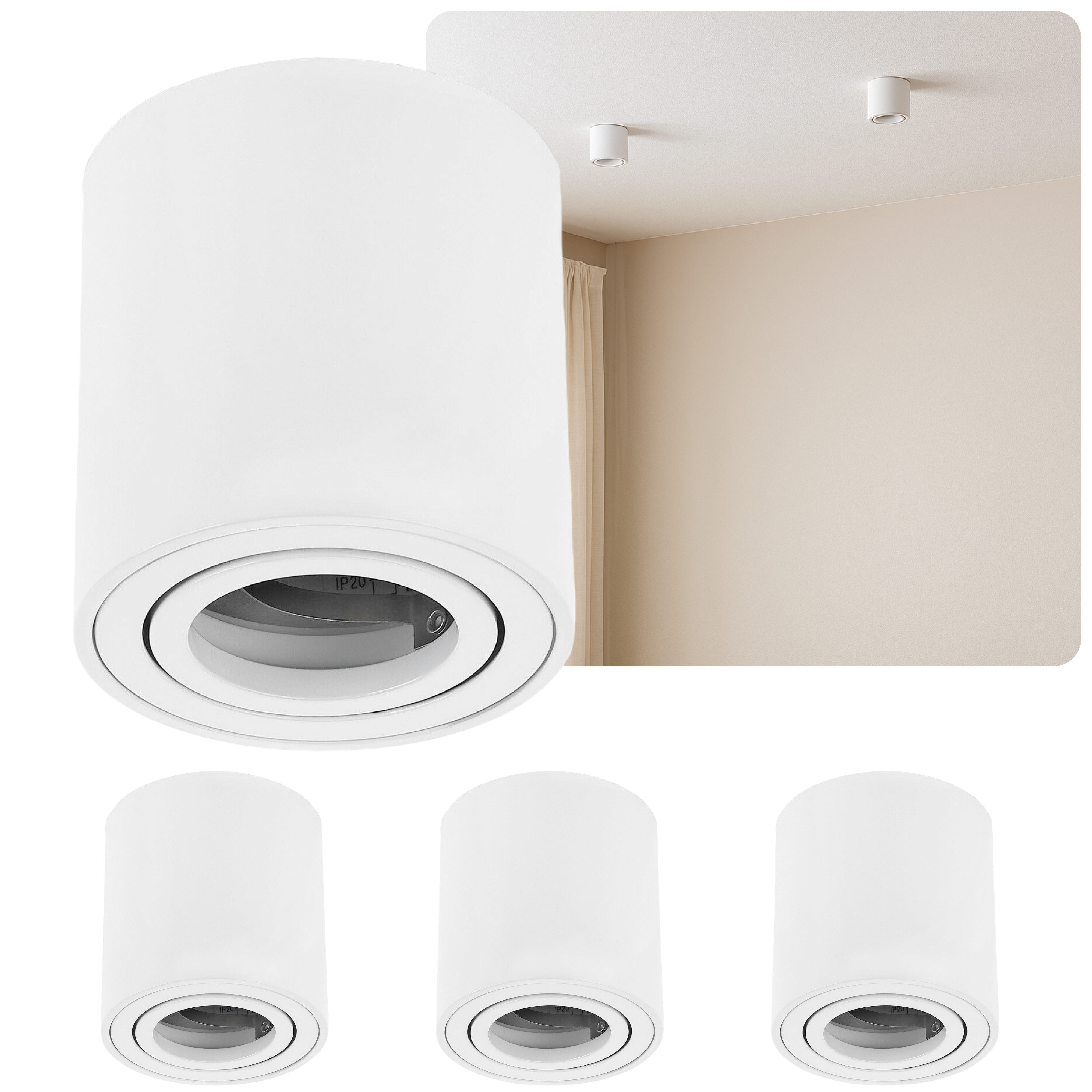 Sweet LED Aufbauleuchte 4er Set GU10 rund Deckenspots weiß Aluminium schwenkbar 230V, ohne Leuchtmittel, Aufbaustrahler LED, Aufbauspot, Deckenstrahler