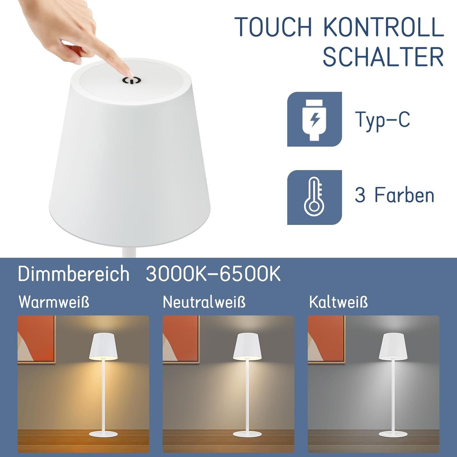 ZMH Tischleuchte LED 2er-Set Außen Kabellos USB Tischlampe Dimmbar Schwarz/Weiß, LED fest integriert, 3000-6500K, USB Nachttischleuchte Aufladbar für Schreibtisch