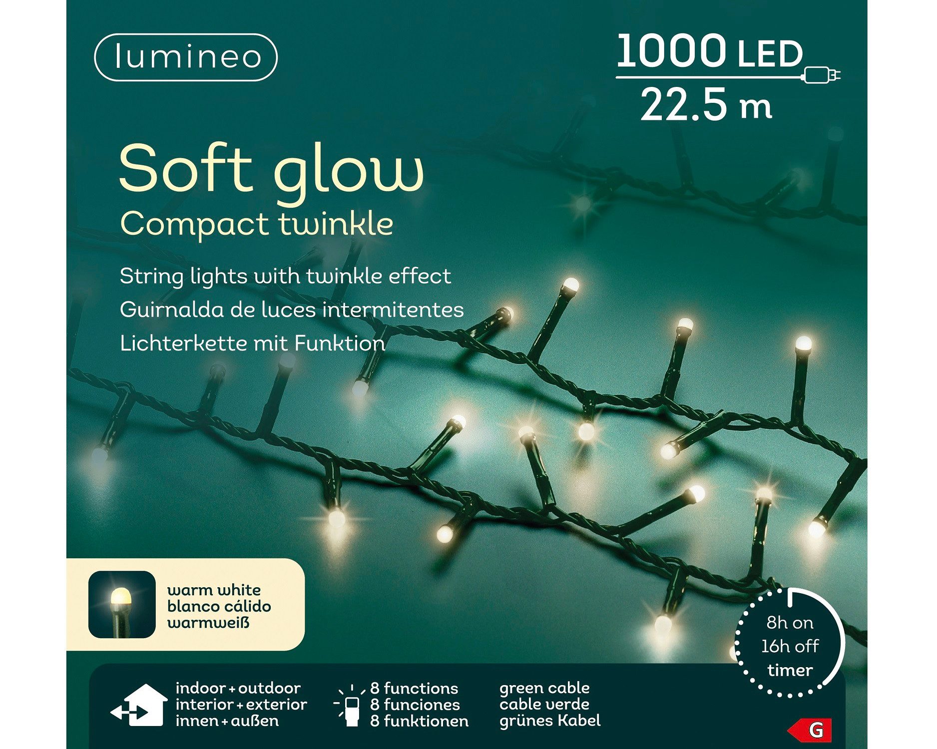 Lumineo LED-Lichterkette Lumineo Lichterkette Soft Glow COMPACT TWINKLE 1000 LED 22,5m warmweiß, Indoor/Outdoor, 8 Funktionen, 8h-Timer, + 5 Meter