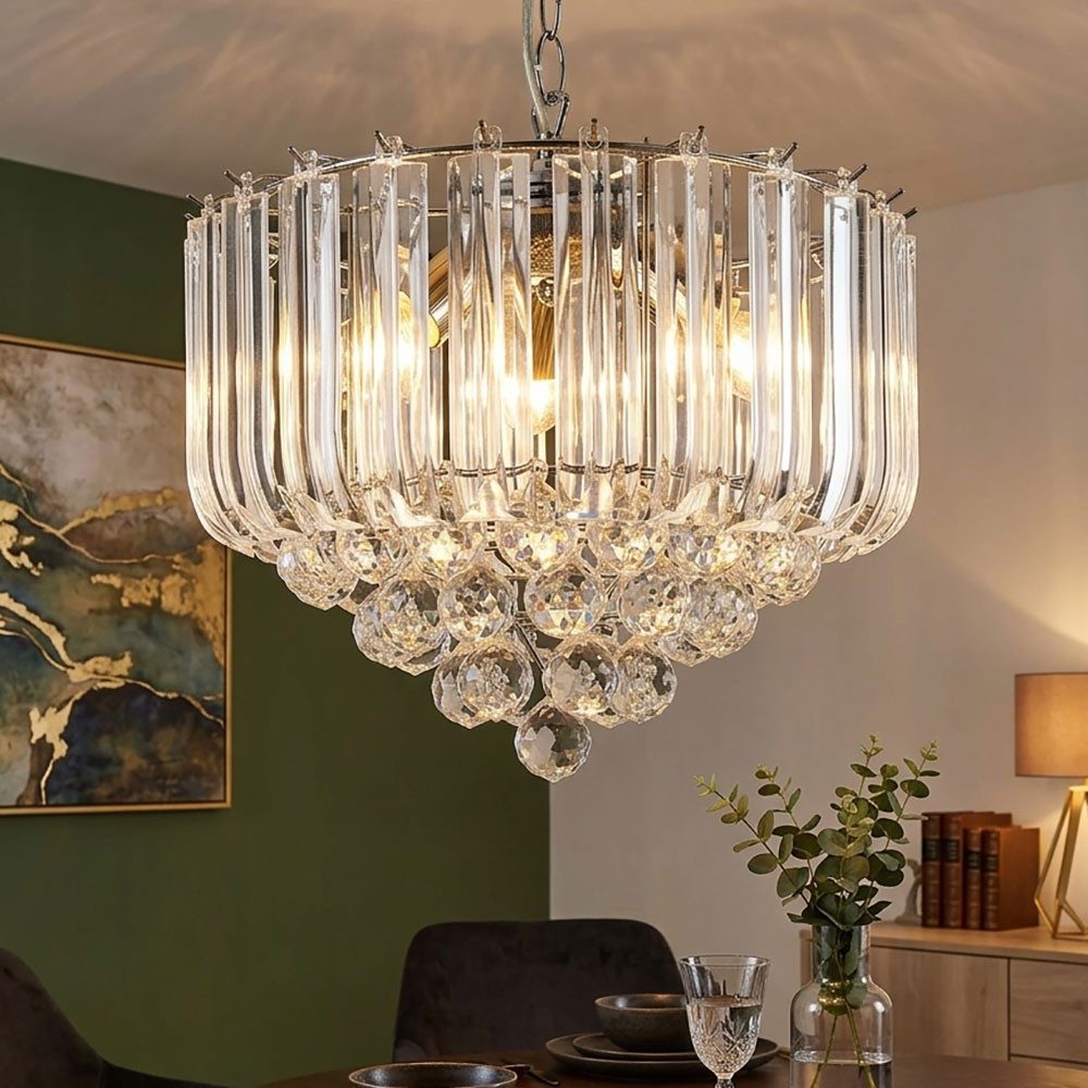 GLOBO LIGHTING Pendelleuchte, Leuchtmittel nicht inklusive, Kronleuchter Kristall Design Chrom 4-Flammig Höhenverstellbar