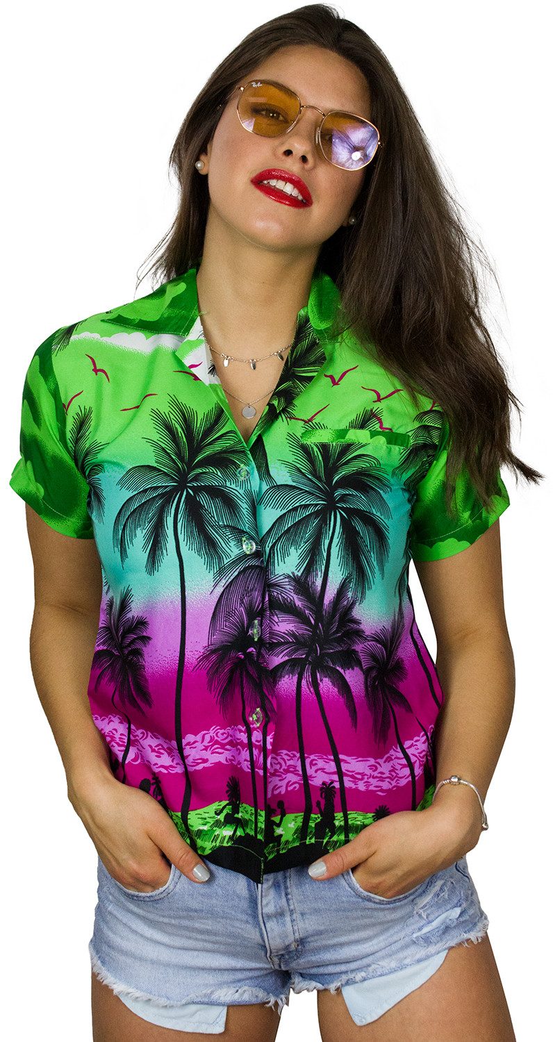 King Kameha Hawaiihemd Beach Funky Hawaiibluse Damen Kurzarm Front-Tasche Stylish