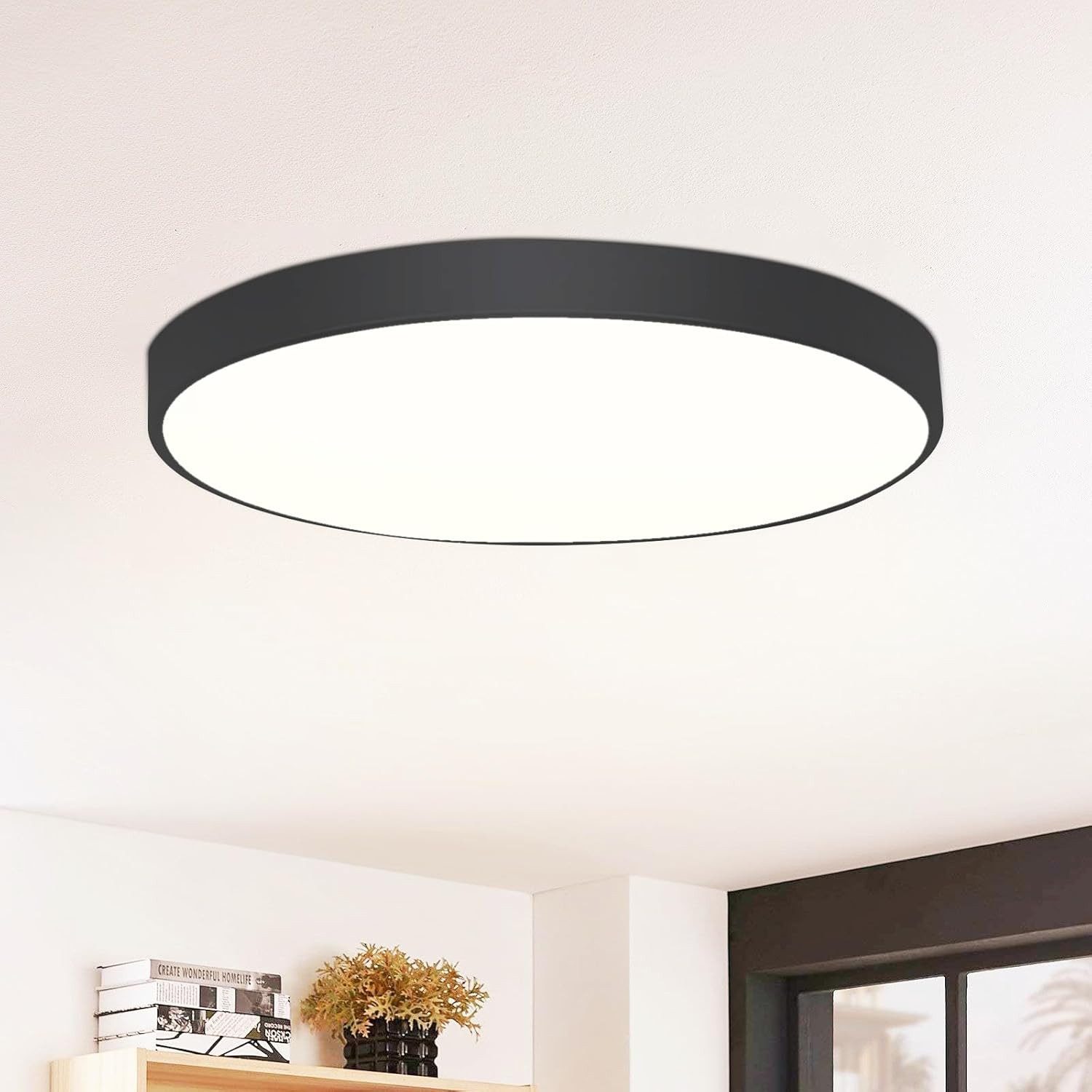 ZMH LED Deckenleuchte Wohnzimmer Rund Schwarz/Weiß Dekcenlampe IP44 Flach Küchenlampe, Neutralweiß (nicht dimmbar), LED fest integriert, 4000K, Ø28cm Kellerlampe Wohnzimmer Bad Büro küche Einfach Installtion