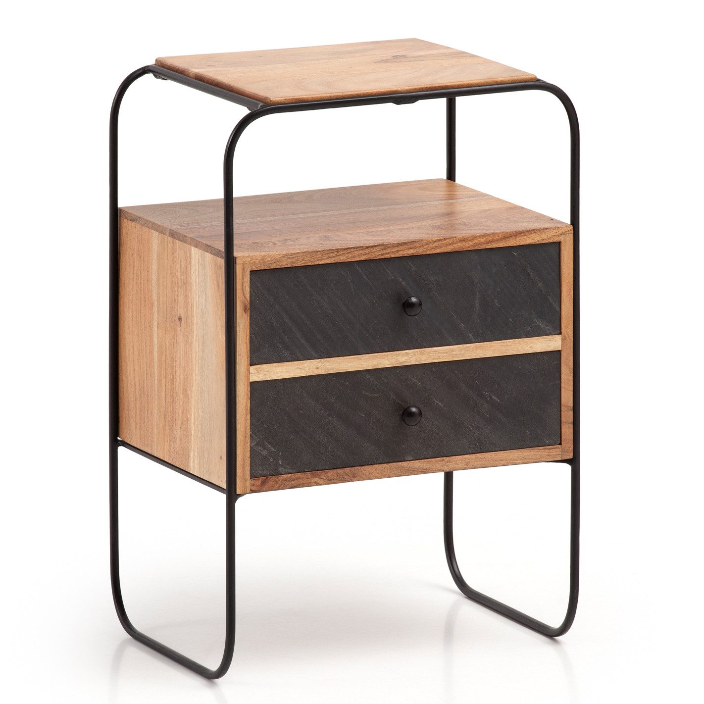 KADIMA DESIGN Nachttisch Nachttisch Akazie Massivholz / Steinoptik 40x60x30 cm Nachtschrank (Ablagefläche, Nachtkommode Stauraum & Metallgestell), Boxspringbett, Industrial Nachtkonsole Braun mit 2 Schubladen &