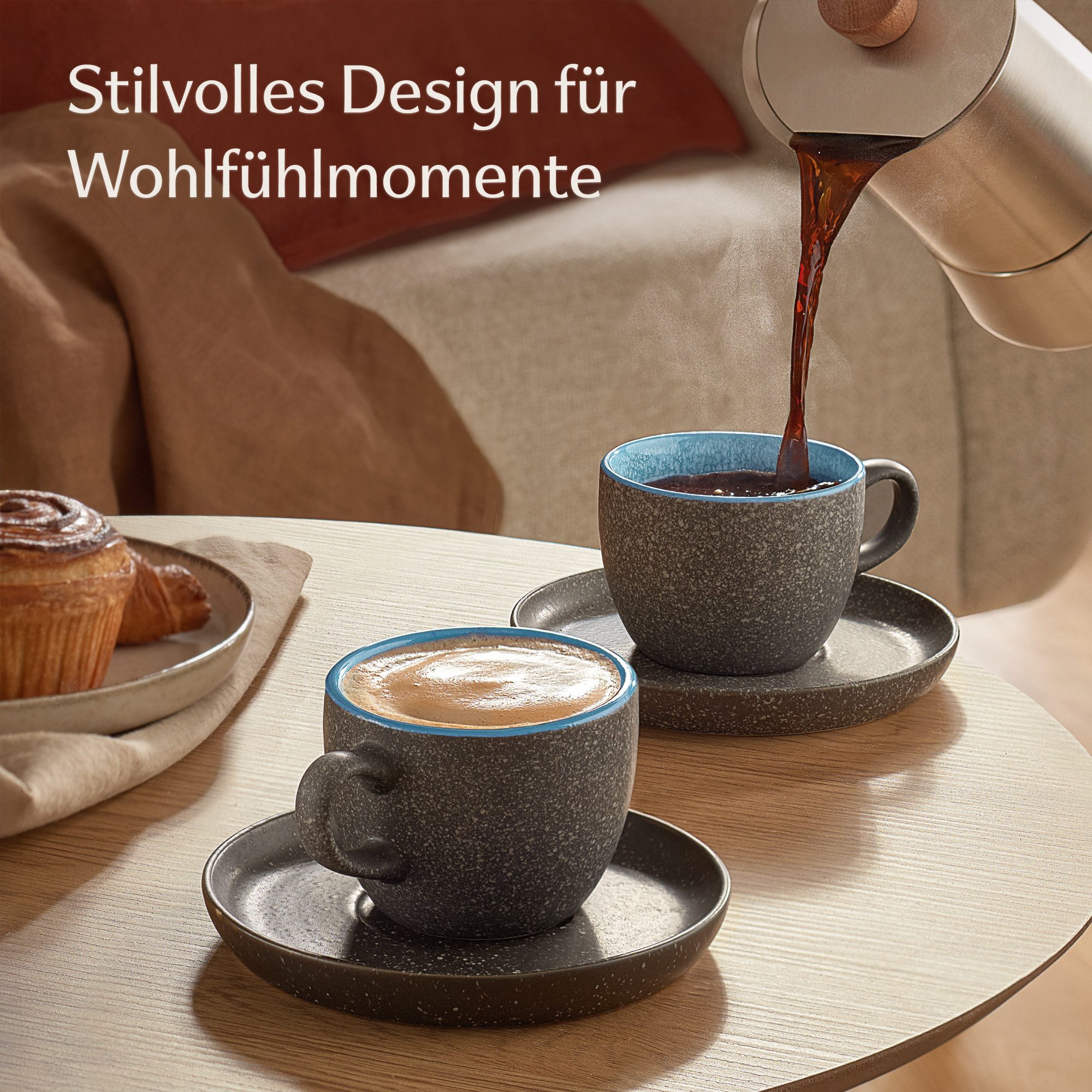 Cosumy Cappuccinotasse Cappuccino Tassen mit Untertassen 4er Set blau, 8-tlg., Keramik, Warm