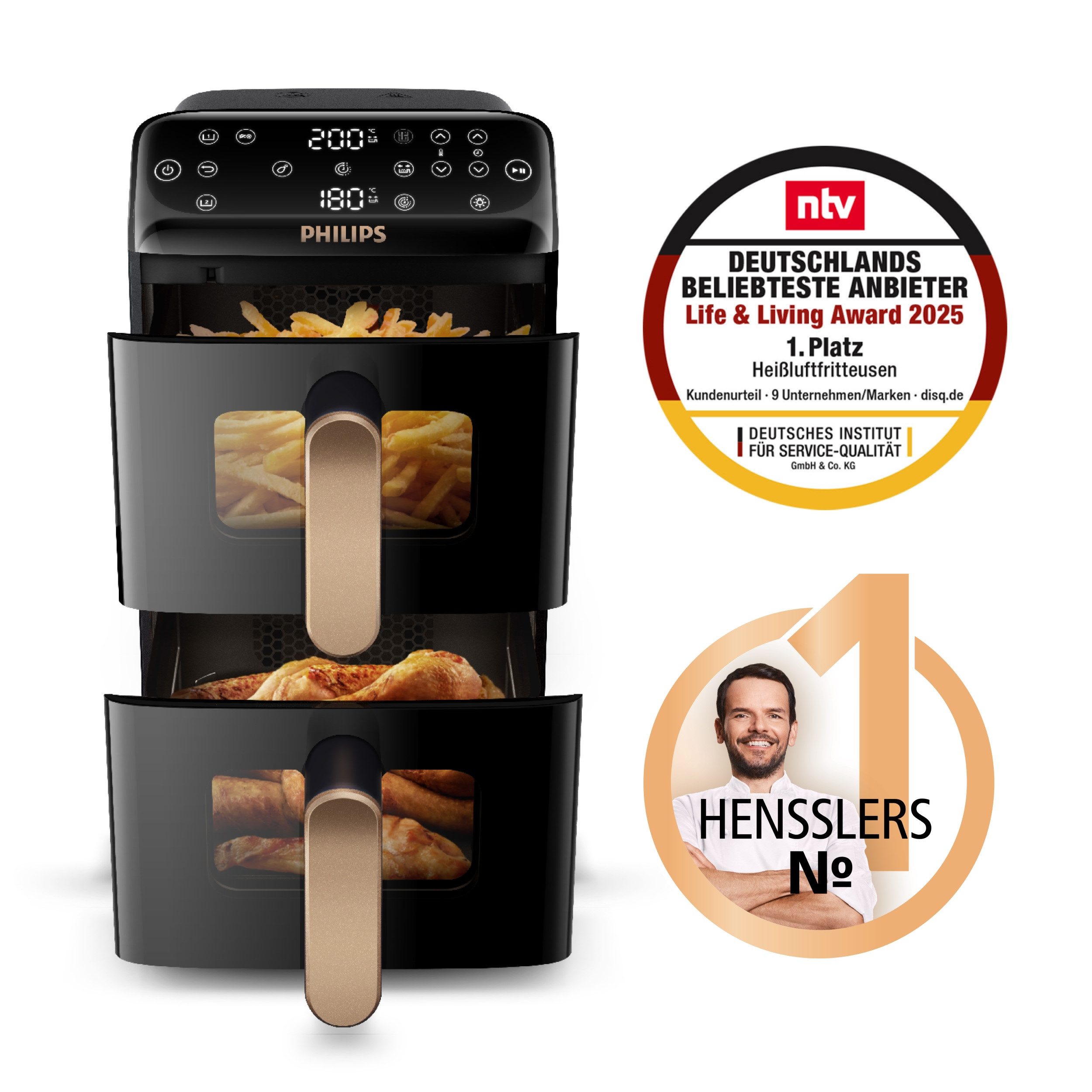 Philips Heißluftfritteuse NA462/70 4000 Series Stacked Dual Basket und 10L Kapazität (5+5L), 2750 W, RapidAir Technologie; Schwarz/Dunkelgrau, kupfer Griff