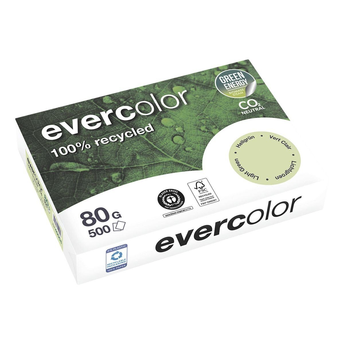 CLAIREFONTAINE Recyclingpapier evercolor, Pastellfarben, Format DIN A4, 80 g/m², 500 Blatt hellgrün