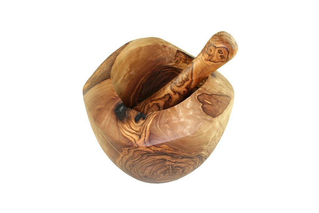 Olivenholz-erleben Mörser Durchmesser ca. 12 cm aus Olivenholz mit Stößel – rustikal, massiv, (Set, 2-tlg), Handgefertigter Olivenholz-Mörser – jedes Stück ein  – Bild 2 von 3