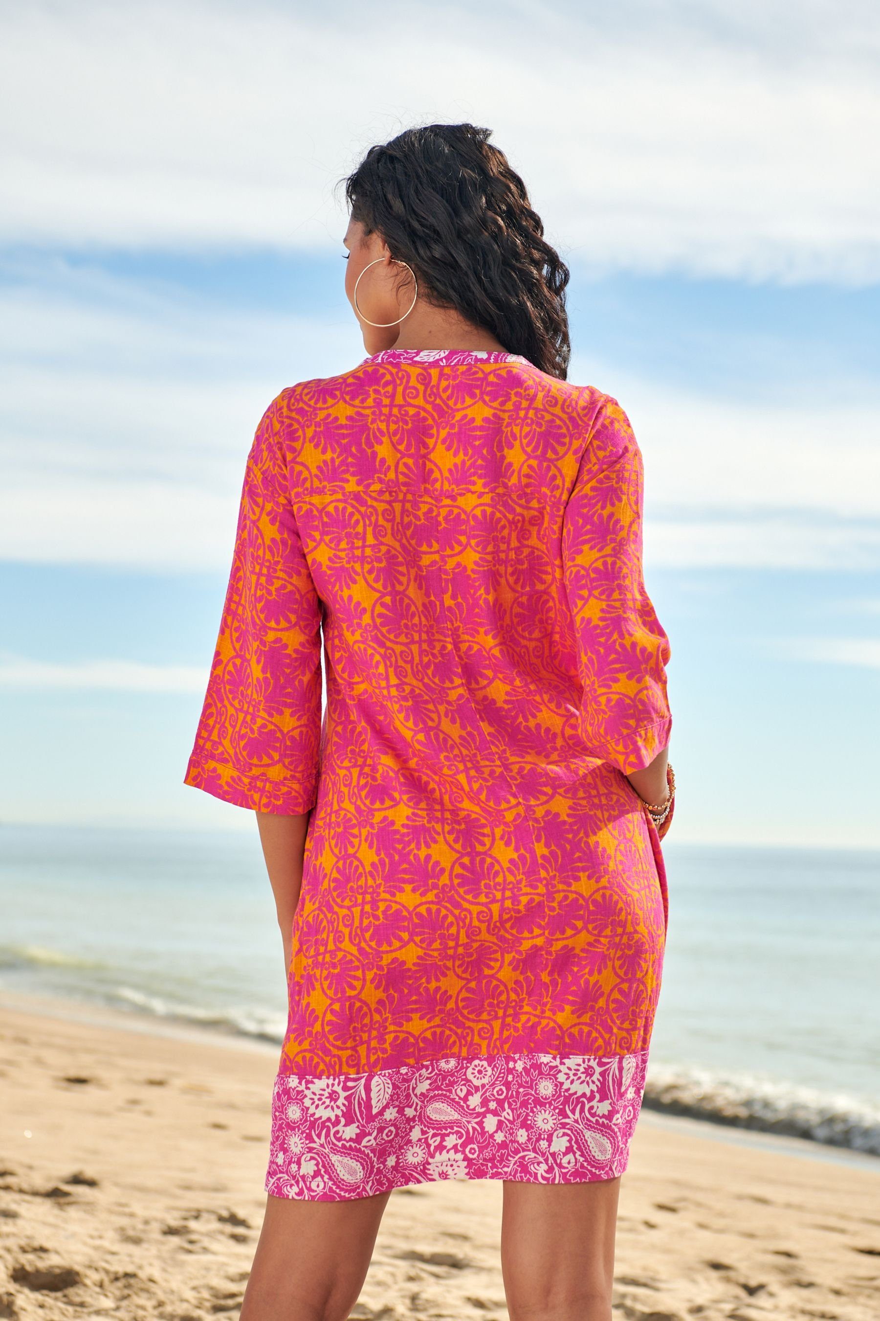 Next Sommerkleid (1-tlg) mit Splice Pink/Orange Leinen Kaftankleid Print