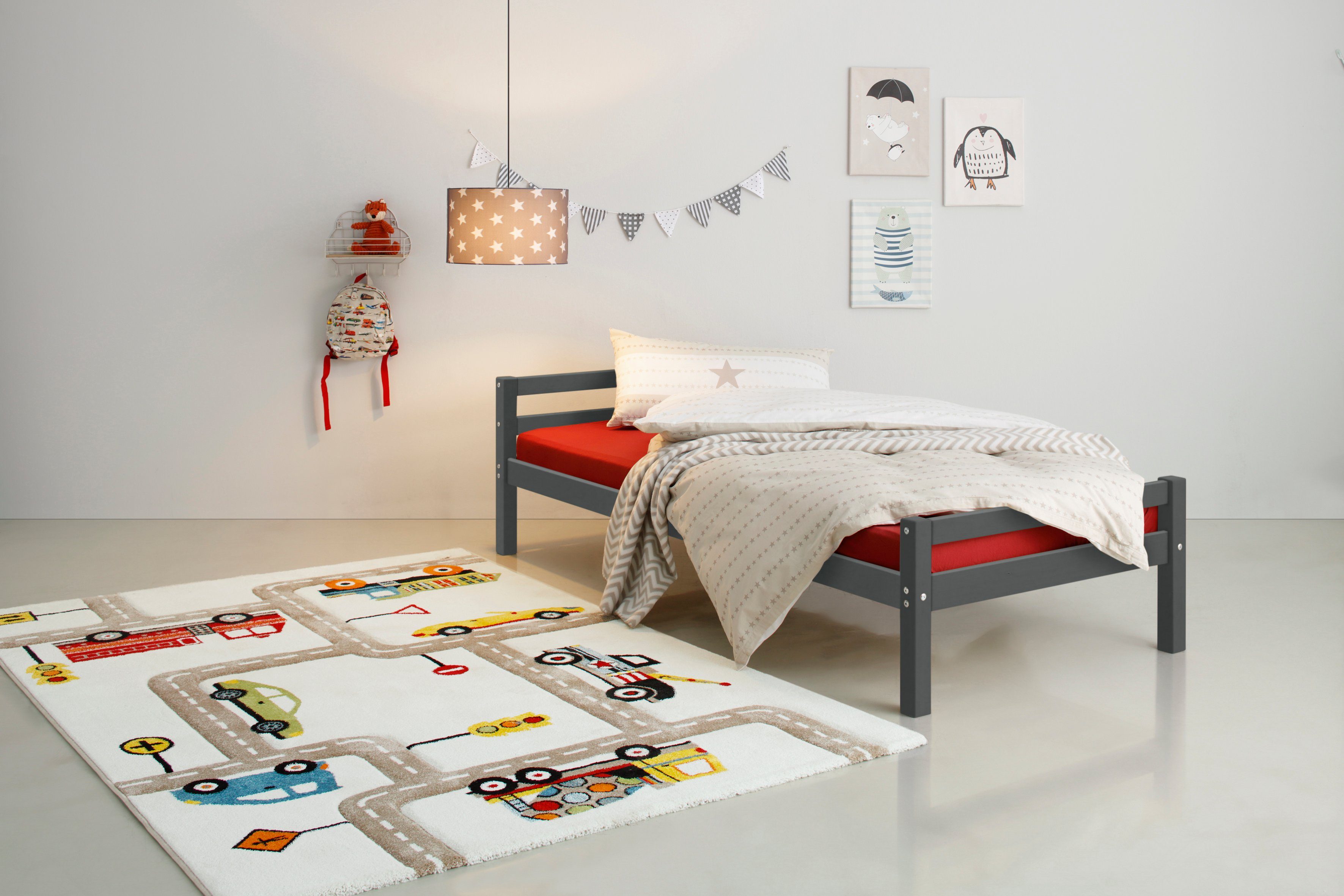 Lüttenhütt Kinderbett Alpi, Einzelbett aus schönem Kiefernholz, Lattenrost, Liegefläche 90x200 cm grau