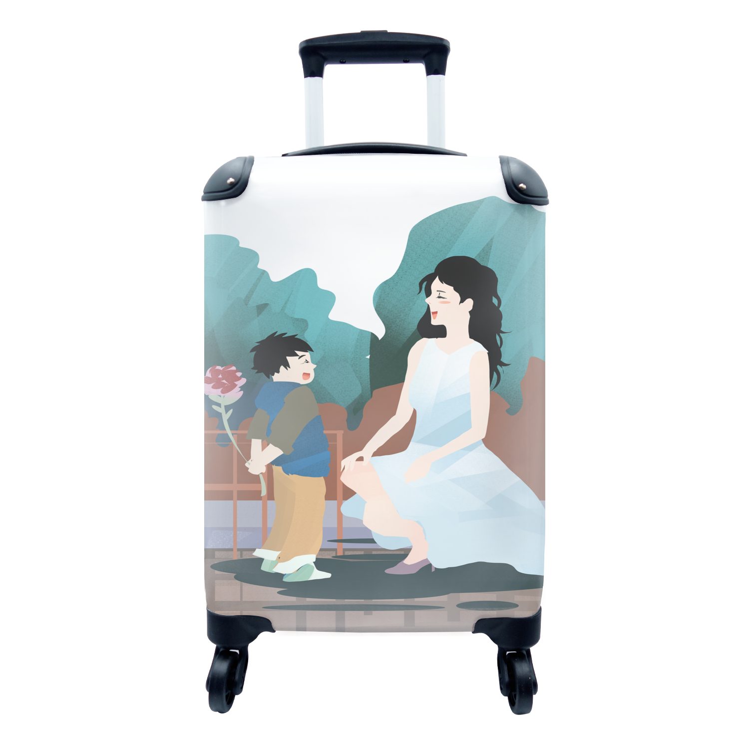 MuchoWow Handgepäckkoffer Muttertag Illustration Sohn mit einer Blume, 4 Rollen, Reisetasche mit rollen, Handgepäck für Ferien, Trolley, Reisekoffer