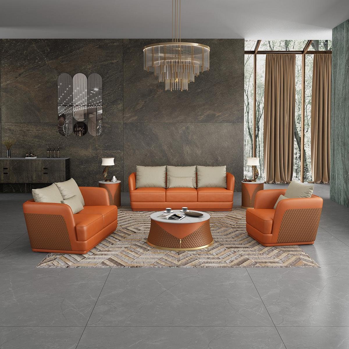 Anraten JVmoebel Wohnzimmer-Set, Ledersofa Garnitur 2 Modern Design Wohnlandschaft Orange 1 Couch Sitzer 3