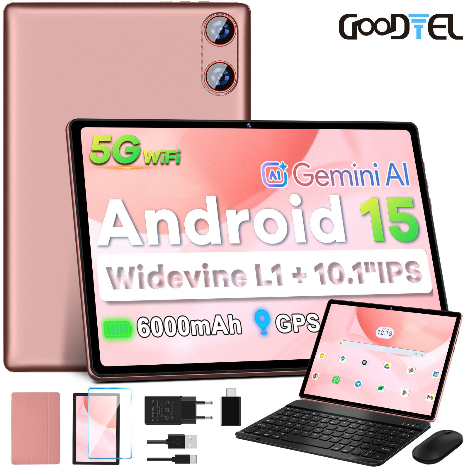 GOODTEL Tablet Android 15, WiFi, 30GB RAM 64GB Speicher erweitern bis zu 1TB Tablet (10,1", Android 15, 64GB Speicher/erweiterbar auf 512TB,6000mAh,Gemini AI,WiFi,Widevine L1)