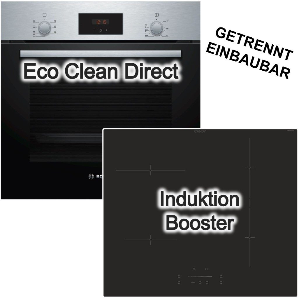 BOSCH Backofen-Set 3D Heißluft EcoCleanDirect + Candy Induktionskochfeld Booster hOn-App, mit Nachrüstbar, EcoClean Direct