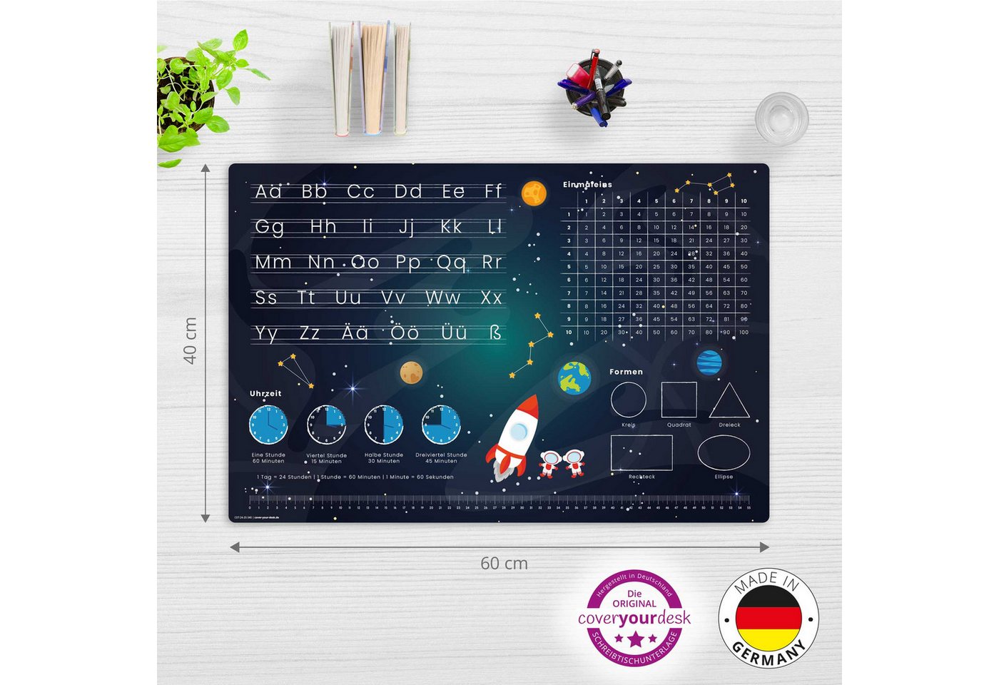 Thumbnail - cover-your-desk.de Schreibtischunterlage Lernunterlage Weltraum - abc & 1x1 für Kinder - Made in Germany, (1 tlg)