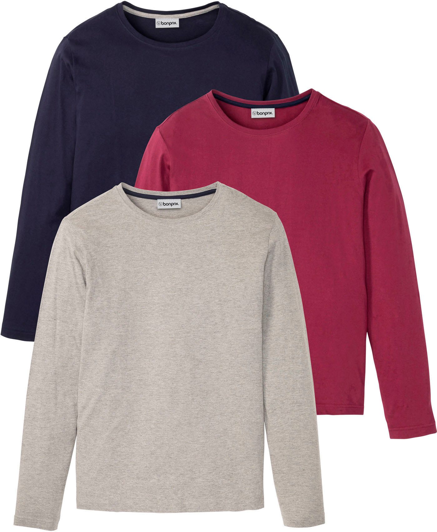 bonprix Langarmshirt (Packung, 3-tlg., 3) regular fit Passform, Rundhals-Ausschnitt, casual Stil, im 3er Pack