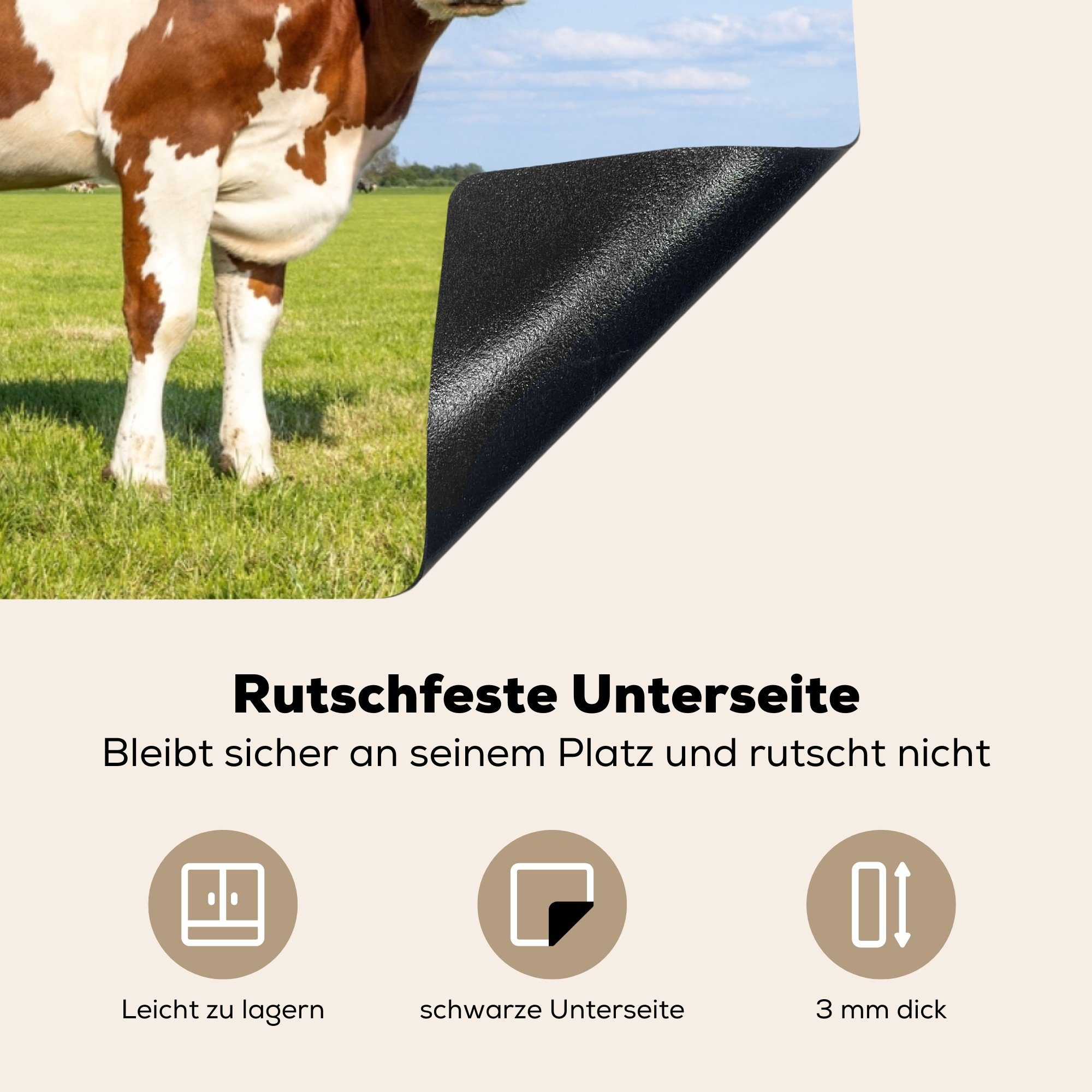 Schutz Kühe 81x52 die - Natur Herdblende-/Abdeckplatte MuchoWow für (1 küche, Induktionskochfeld Bauernhof - Tiere, Vinyl, Ceranfeldabdeckung Gras - - tlg), cm,