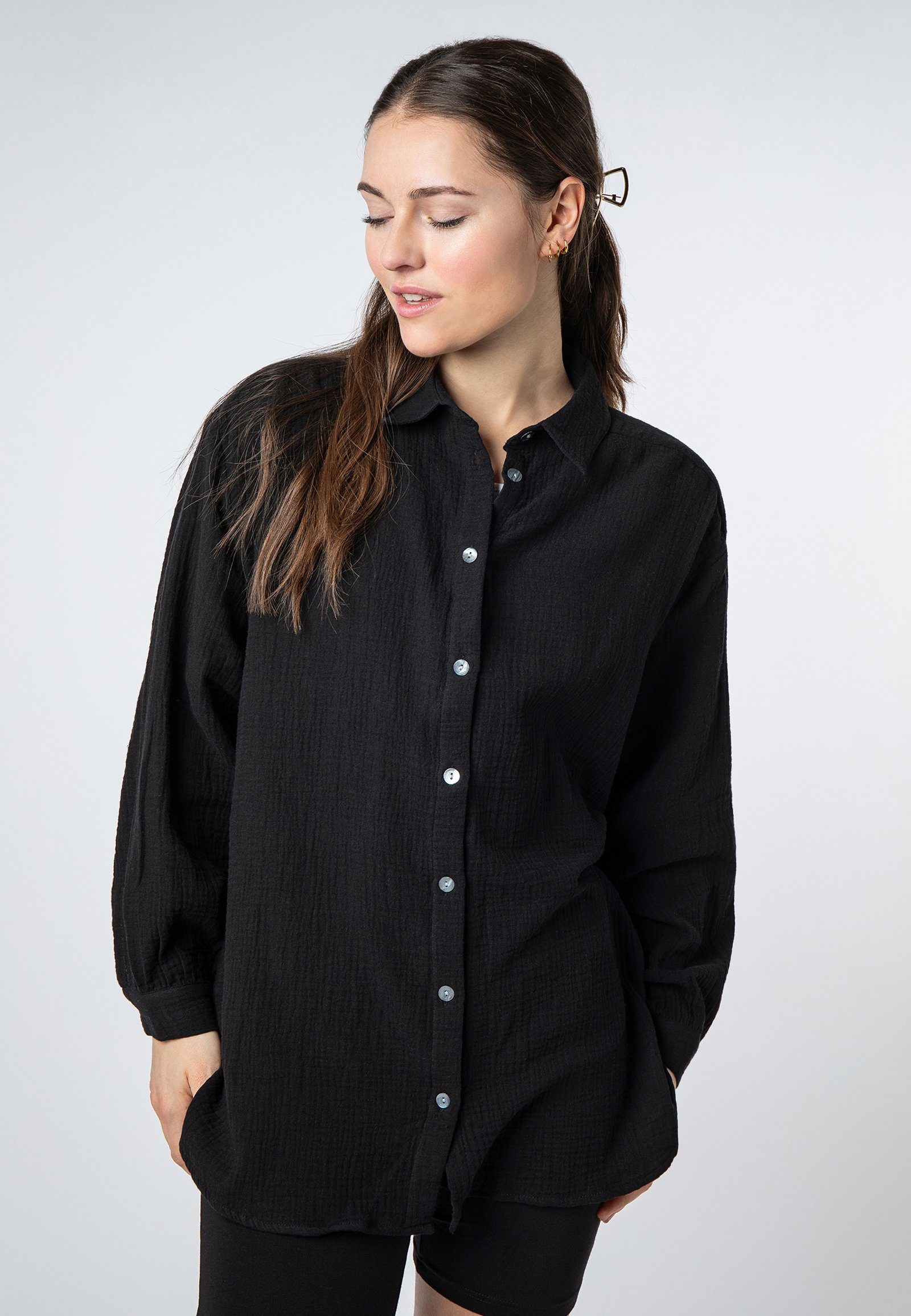 Langarmbluse Damen Musselinbluse langarm mit Kentkragen Oversiz