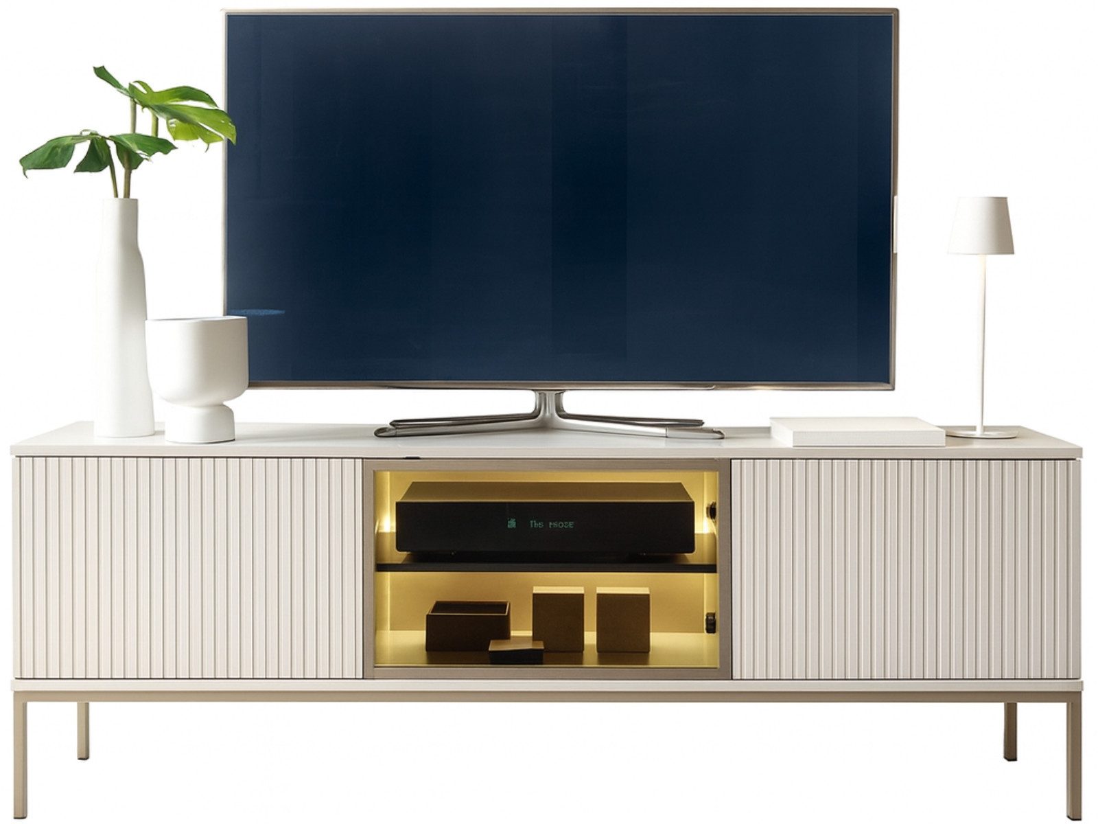 TV-Schrank SANTIA 154 cm LED-Fach Lamellen Kaschmir Beige Gold