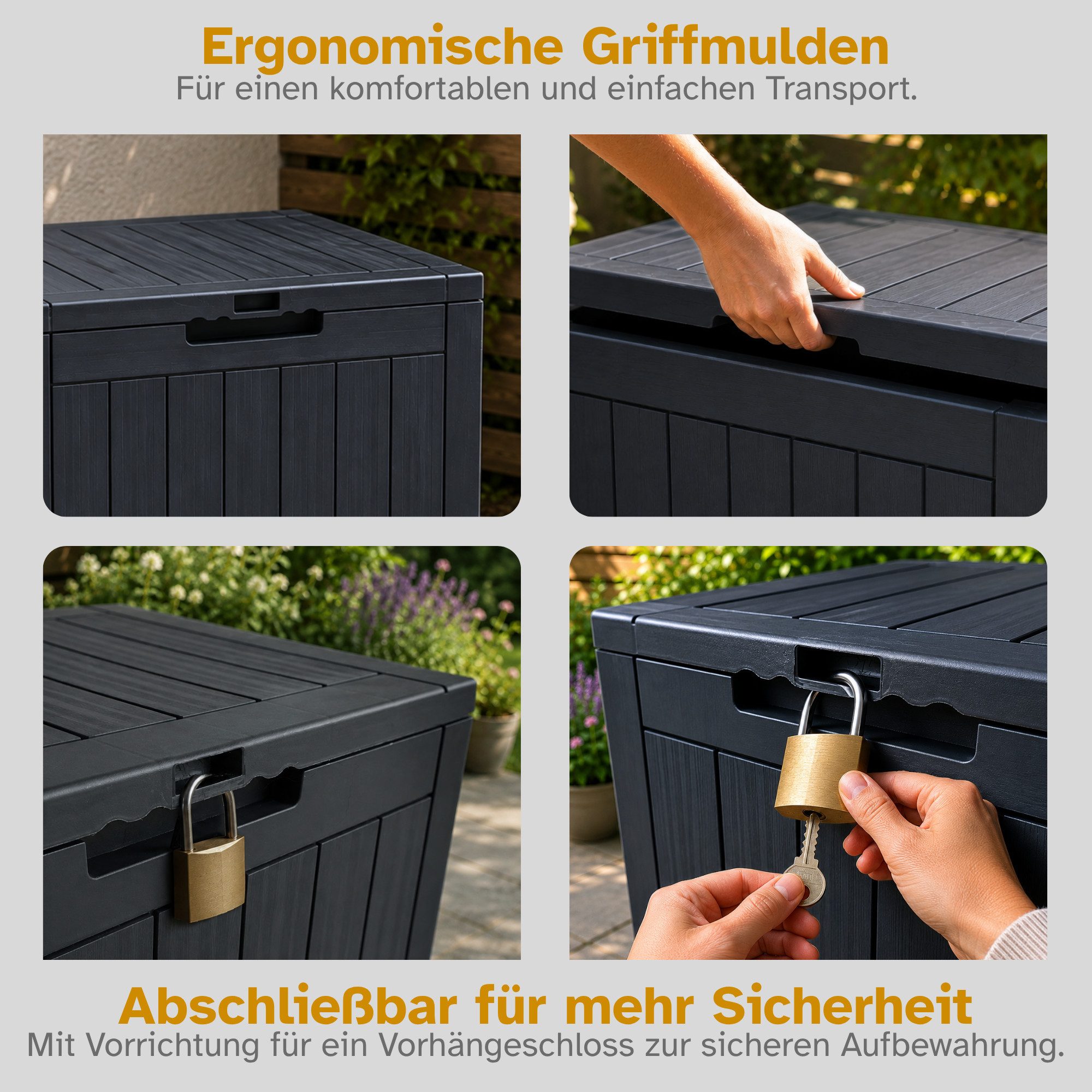 ONDIS24 Gartenbox City Cube Holzoptik Kissenbox Poolbox Sitztruhe 110L, UV,- und witterungsbeständig, abschließbar – Bild 4 von 5