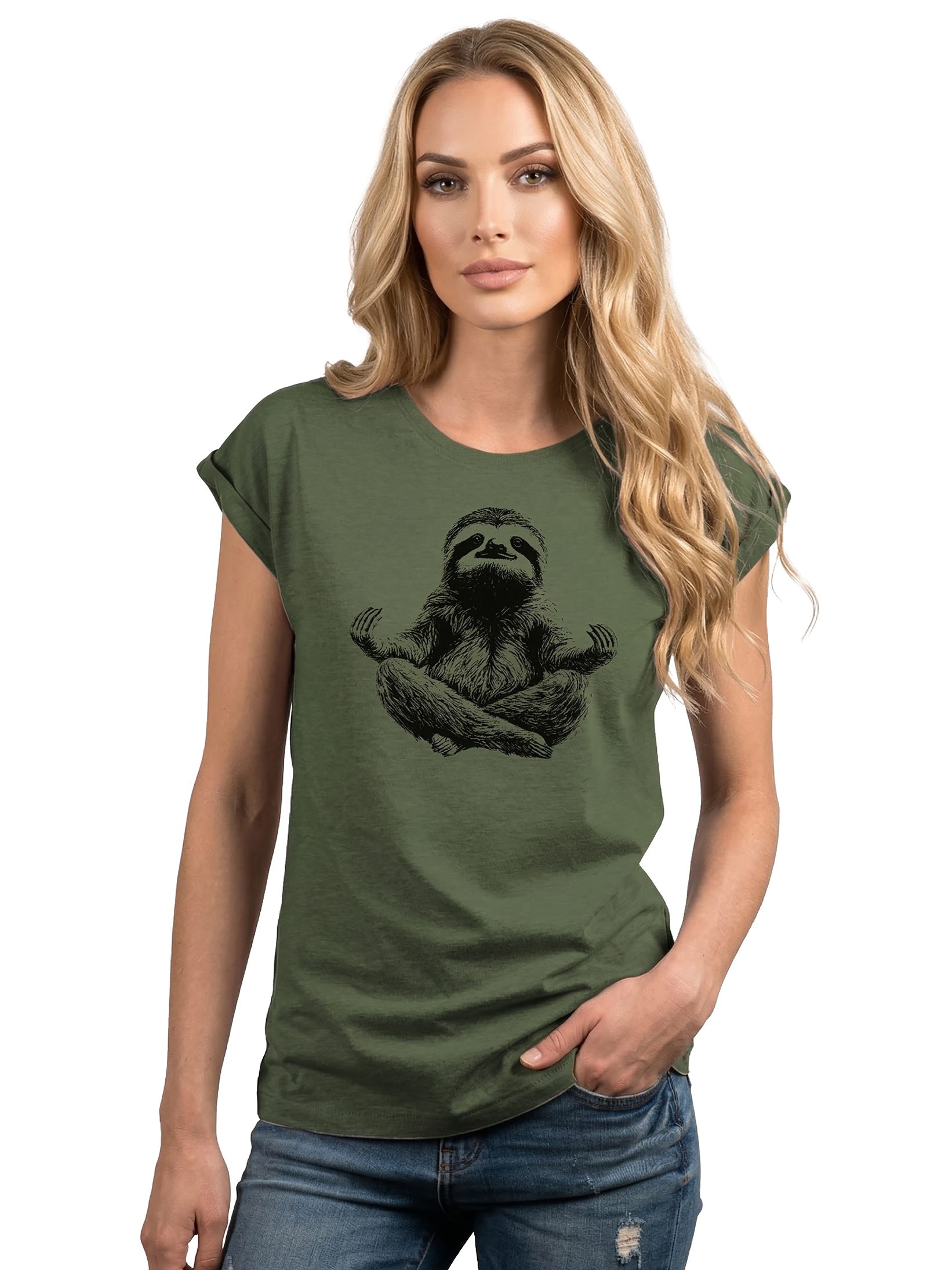 MAKAYA T-Shirt Kurzarm Damen T-Shirt mit lustigem Faultier-Yoga-Aufdruck (Weiß, Rosa, Hellgrau, Grün, Dunkelgrau, 34, 36, 38, 40, 42, 44, 46, 48, 50) Baumwolle