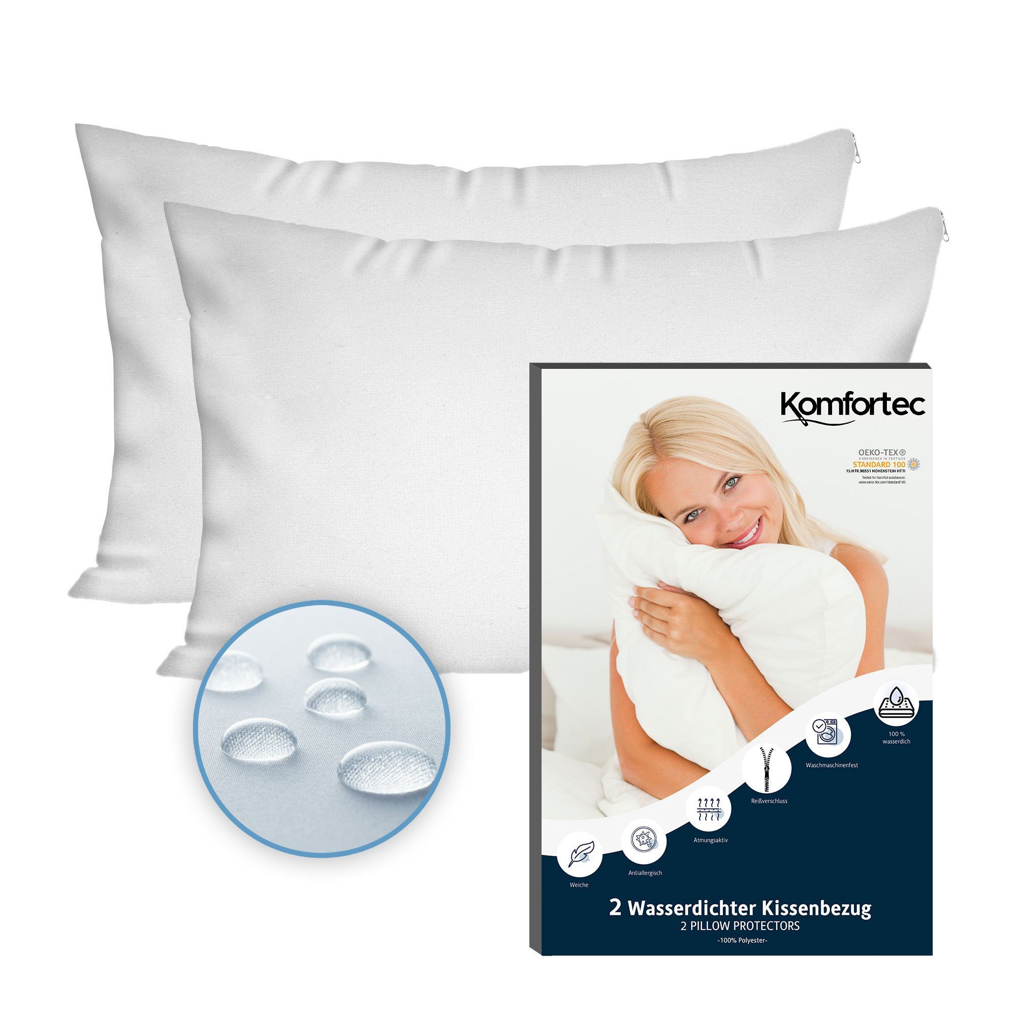 Komfortec Kissenbezüge Wasserdichter Kissenbezug Set, Hypoallergen Kopfkissenbezüge, (2 Stück), 40x80 cm mit Reißverschluss, Atmungsaktiv, Anti-Milben Kissenschoner
